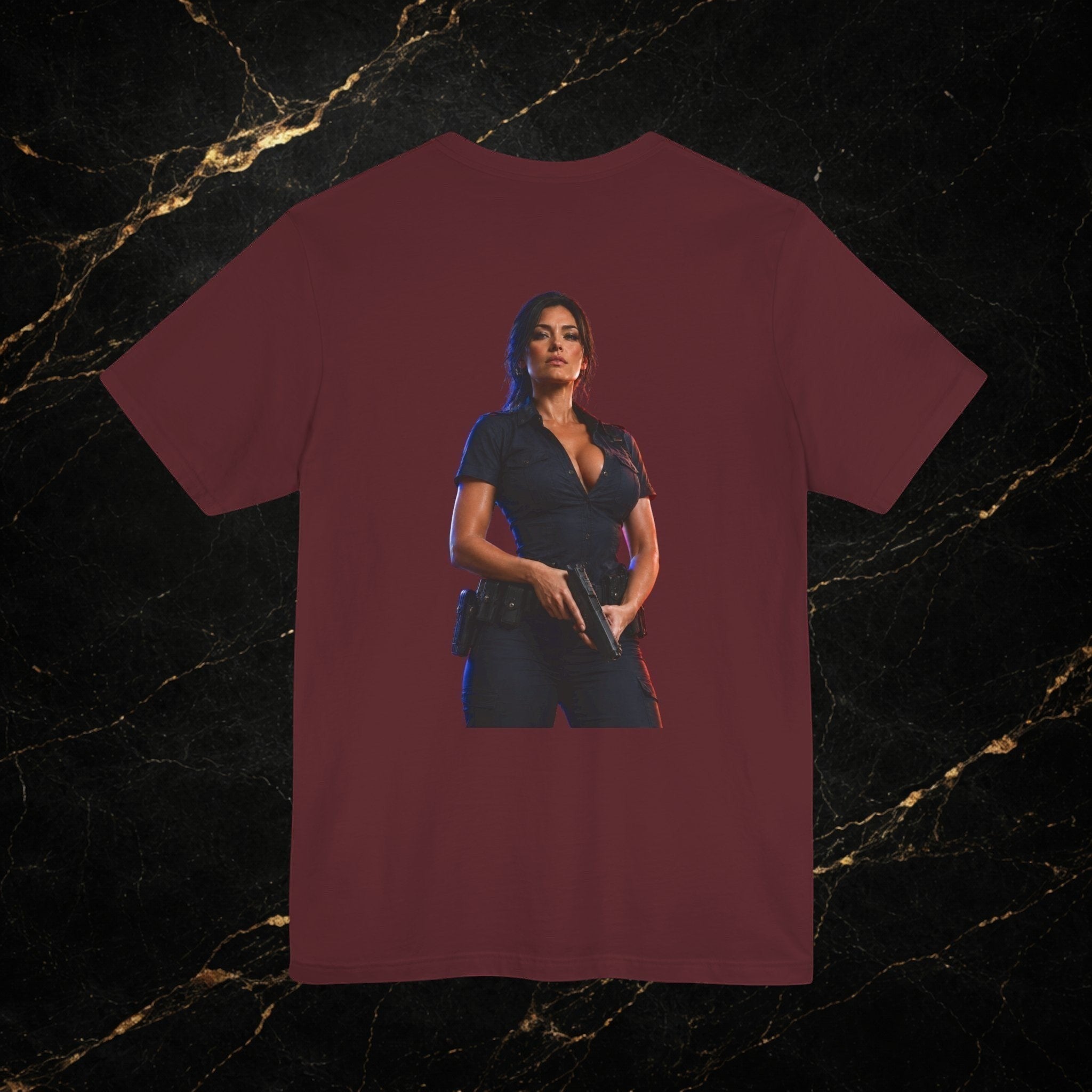 Steal & Silk maroon cotton t-shirt with a graphic of a woman in a police uniform holding a gun.