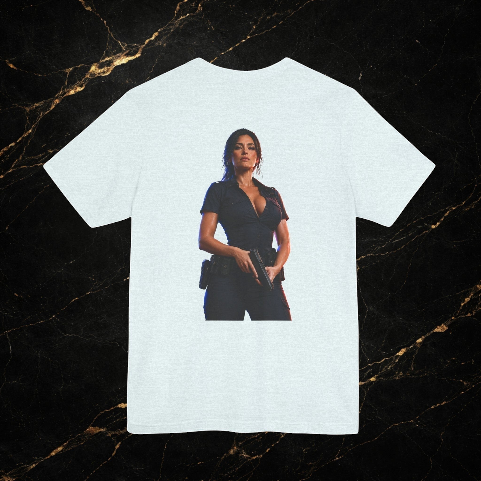 Steal & Silk white cotton t-shirt with a graphic of a woman in a police uniform holding a gun.