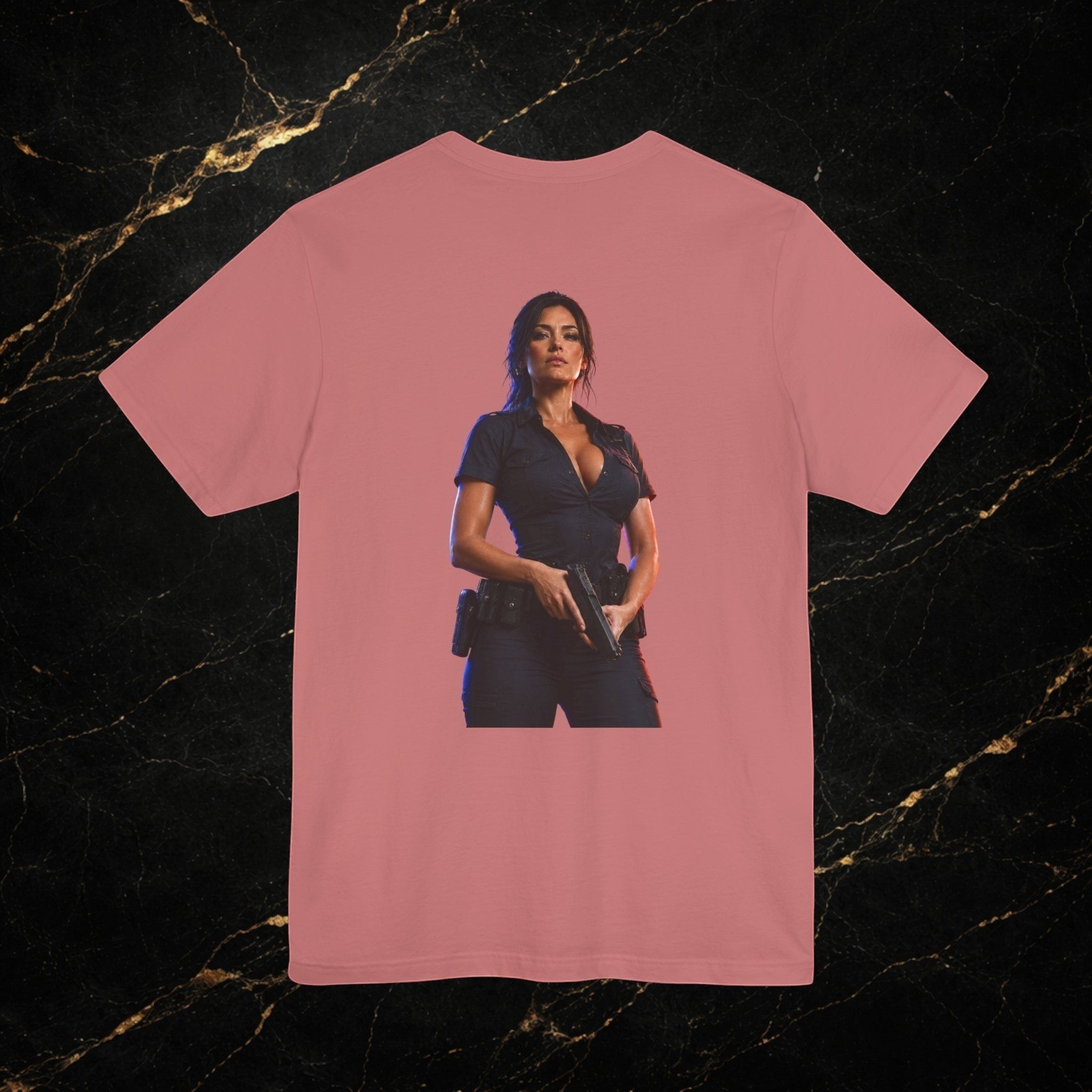 Steal & Silk pink cotton t-shirt with a graphic of a woman in a police uniform holding a gun.