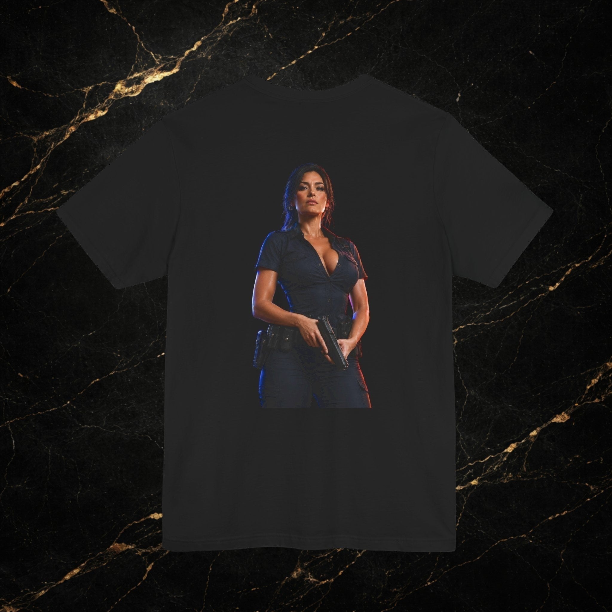 Steal & Silk black cotton t-shirt with a graphic of a woman in a police uniform holding a handgun.