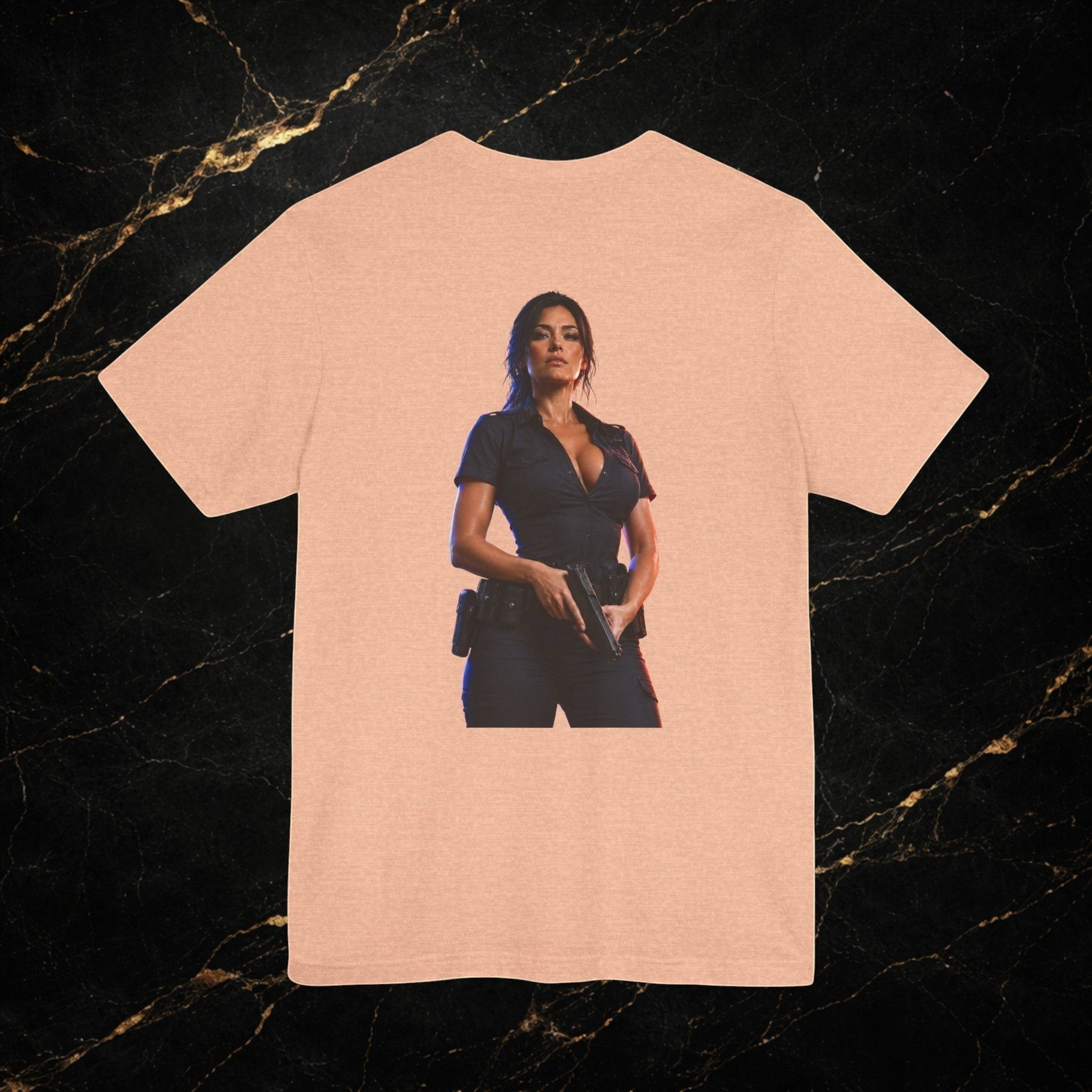 Steal & Silk peach cotton t-shirt with a graphic of a woman in a police uniform holding a gun.
