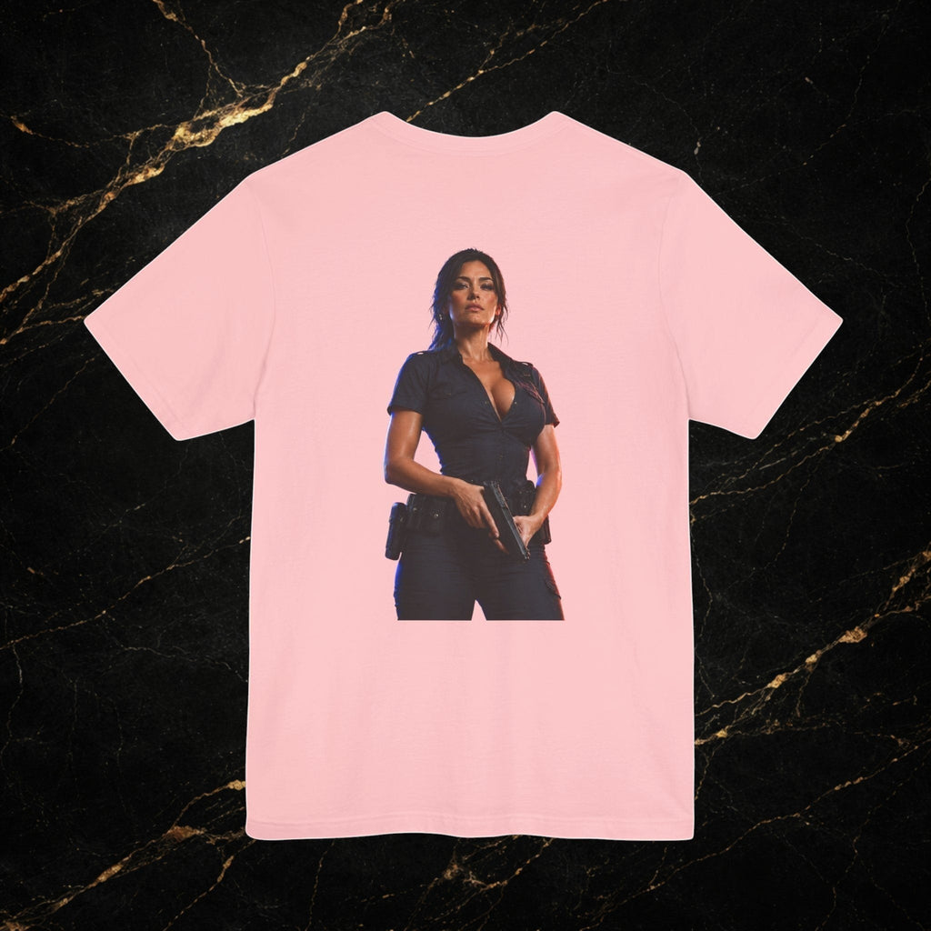 Steal & Silk light pink cotton t-shirt with a graphic of a woman in a police uniform holding a gun.