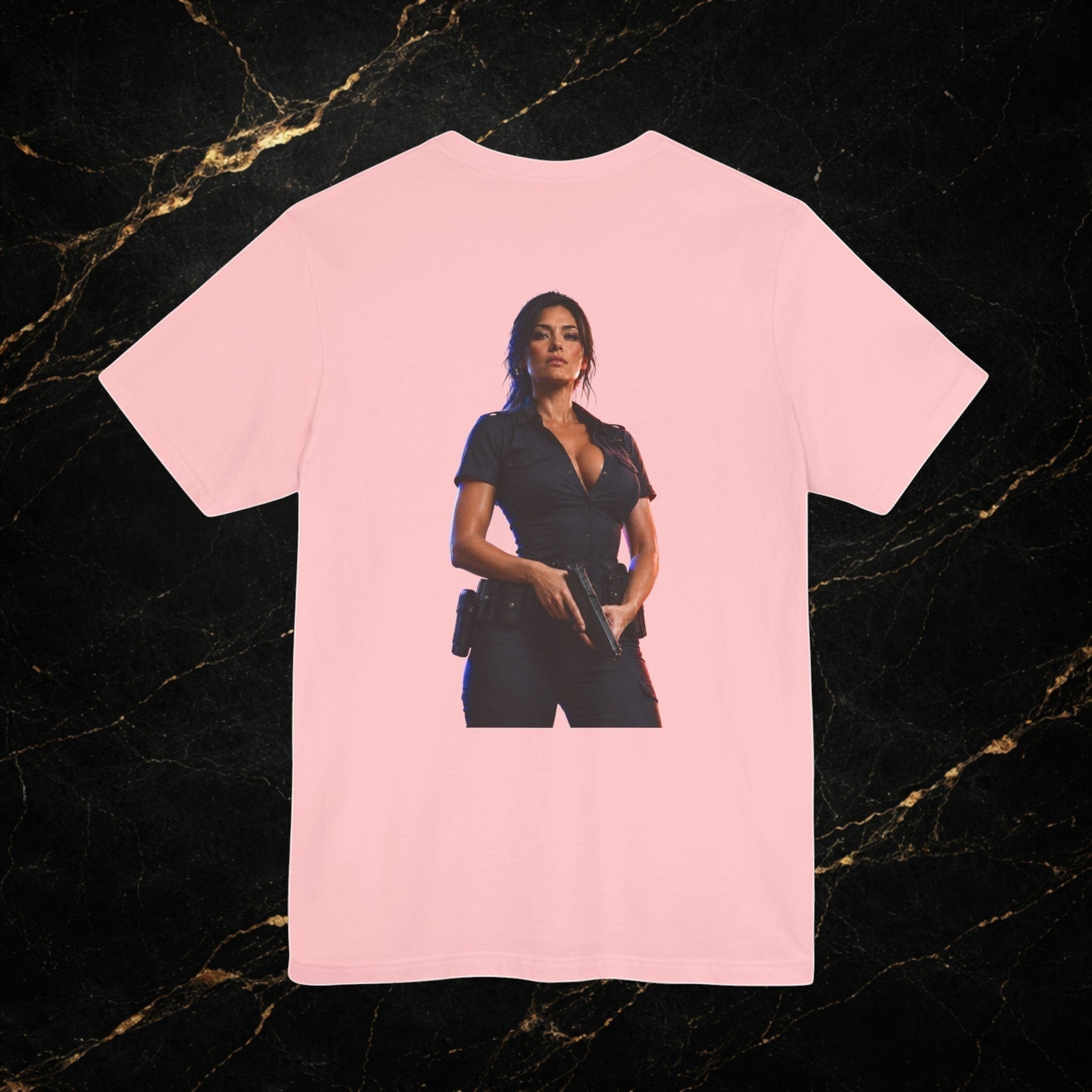 Steal & Silk light pink cotton t-shirt with a graphic of a woman in a police uniform holding a gun.