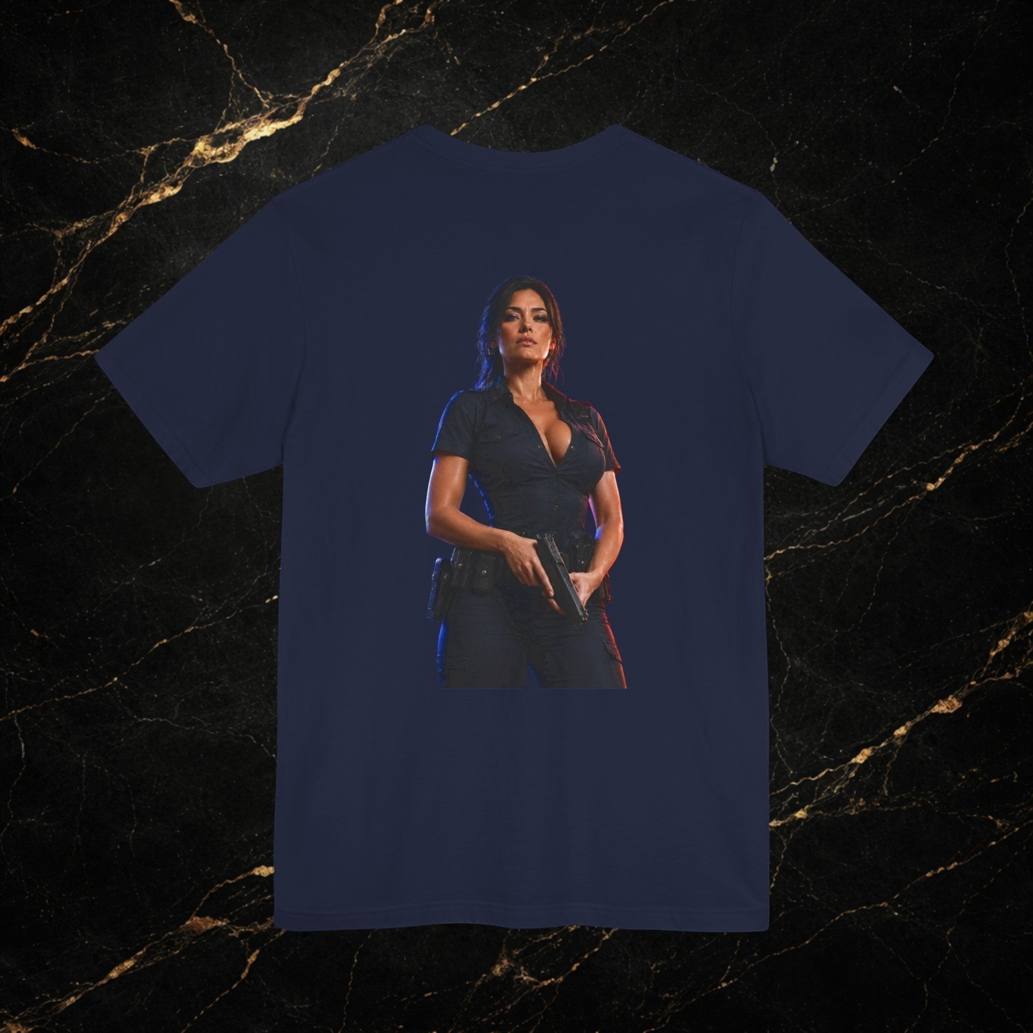 Steal & Silk navy blue cotton t-shirt with a graphic of a woman in a police uniform holding a gun.