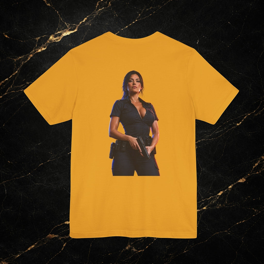 Steal & Silk yellow cotton t-shirt with a graphic of a woman in a police uniform holding a gun.