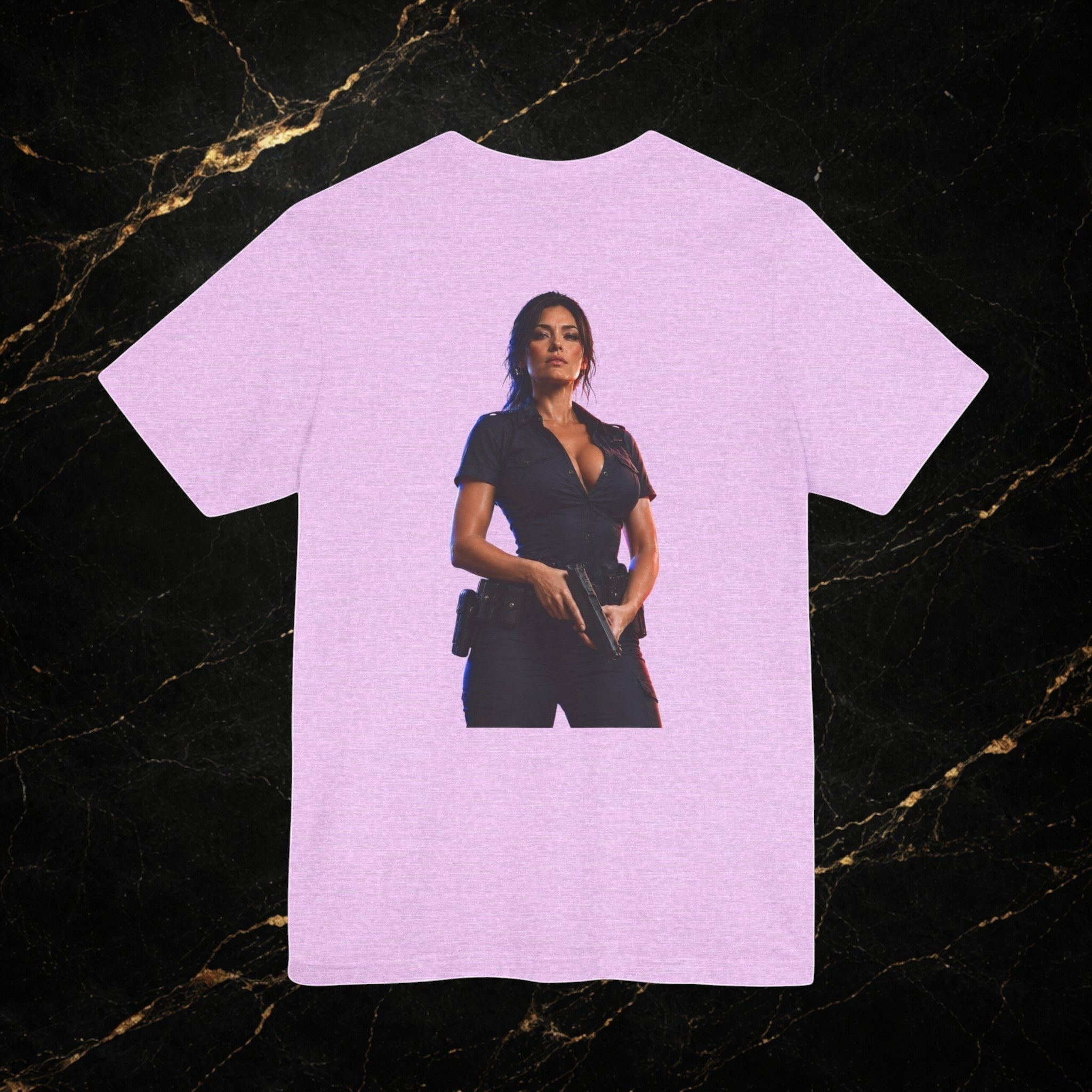 Steal & Silk light purple cotton t-shirt with a graphic of a woman in a police uniform holding a gun.