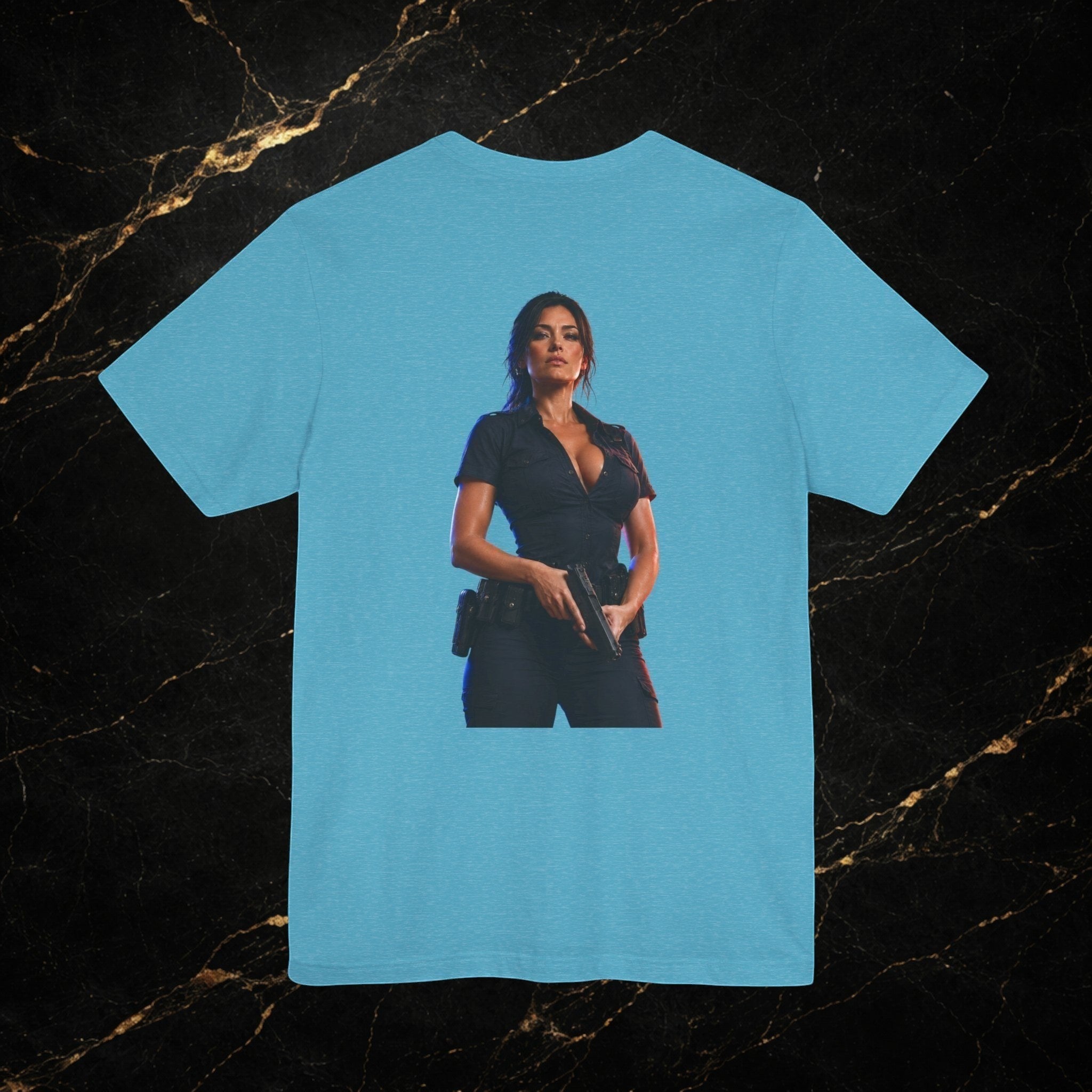 Steal & Silk light blue cotton t-shirt with a graphic of a woman in a police uniform holding a gun.