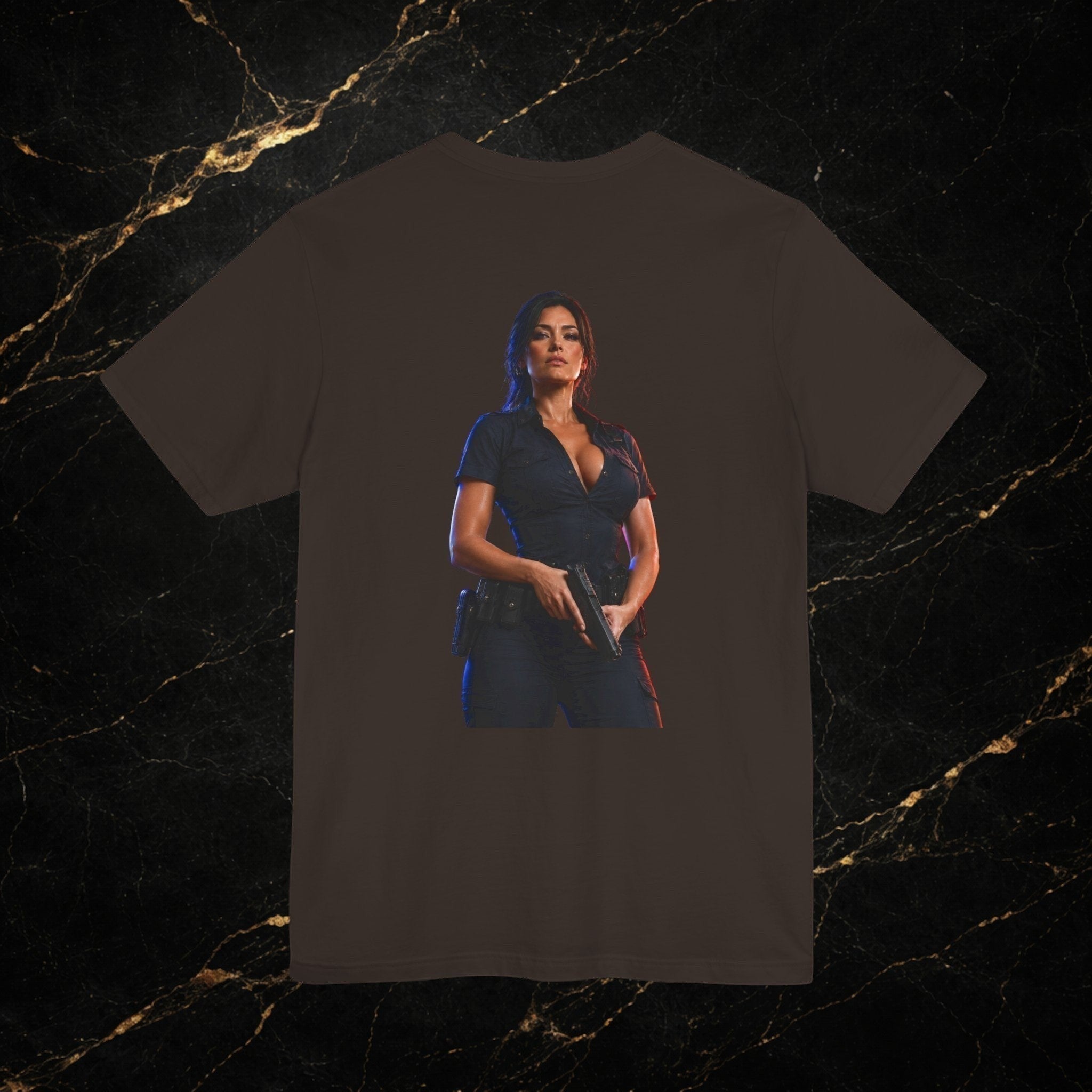Steal & Silk brown cotton t-shirt with a graphic print of a woman in a police uniform holding a gun.