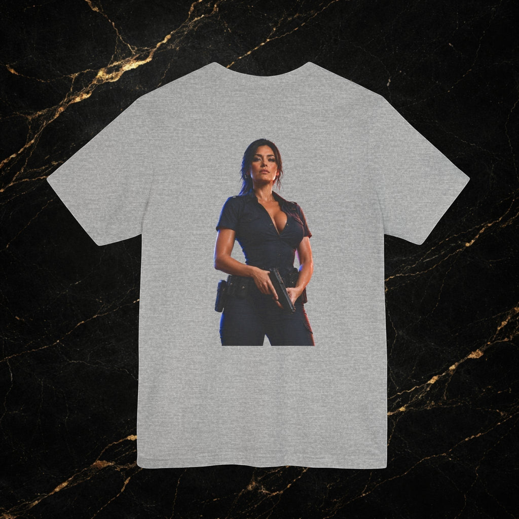 Steal & Silk grey cotton t-shirt with a graphic of a woman in a police uniform holding a gun.