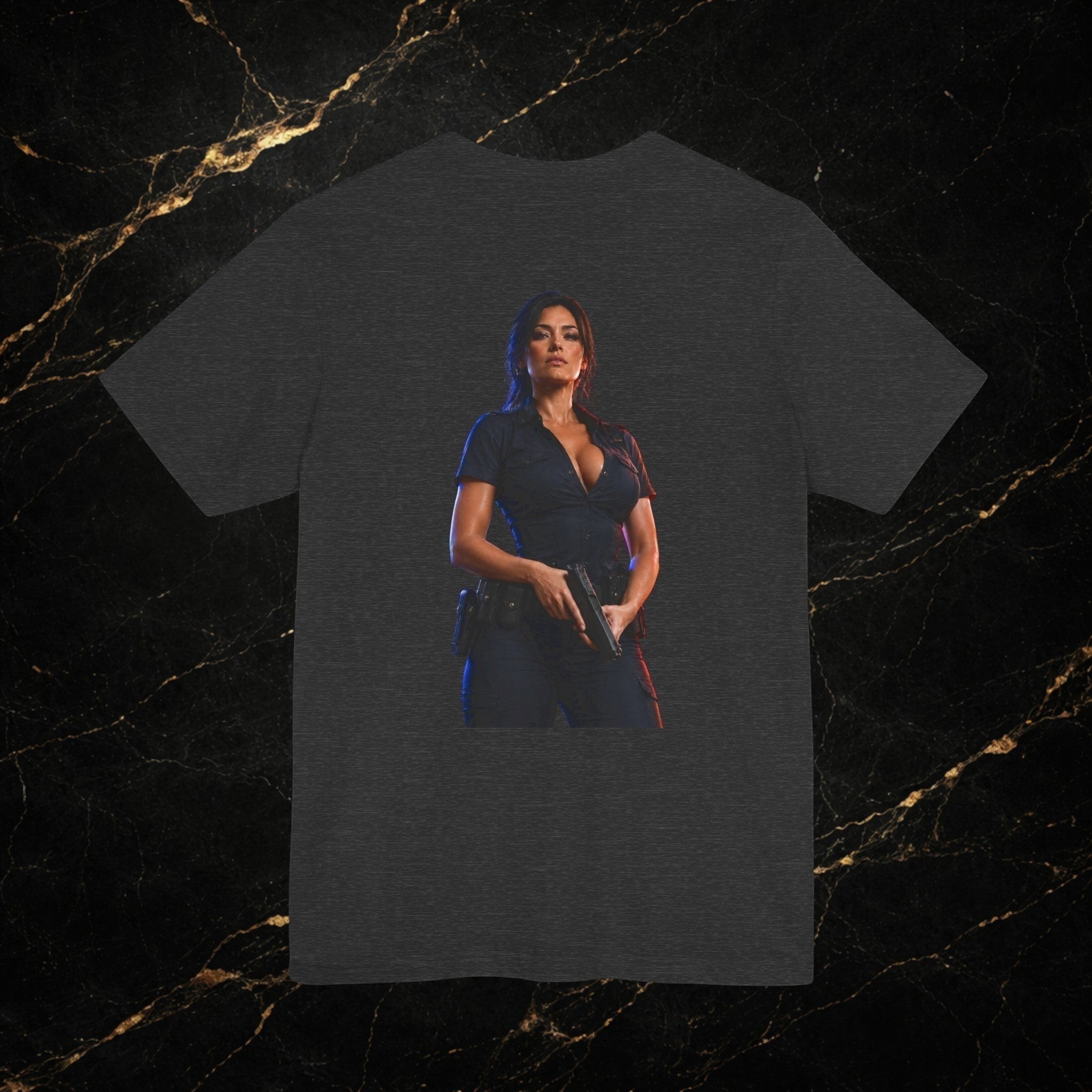 Steal & Silk dark grey cotton t-shirt with a graphic of a woman in a police uniform holding a gun.