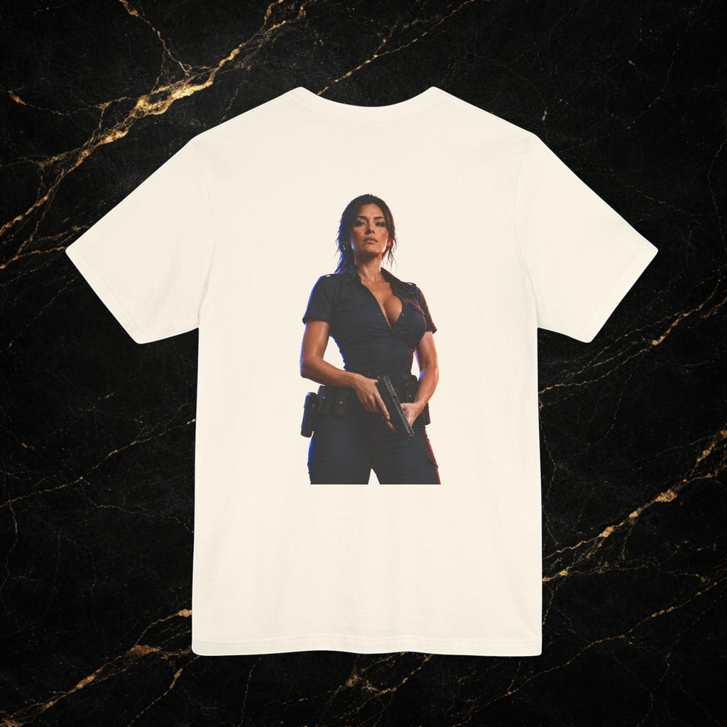 Steal & Silk cream cotton t-shirt with a graphic of a woman in a police uniform holding a gun.