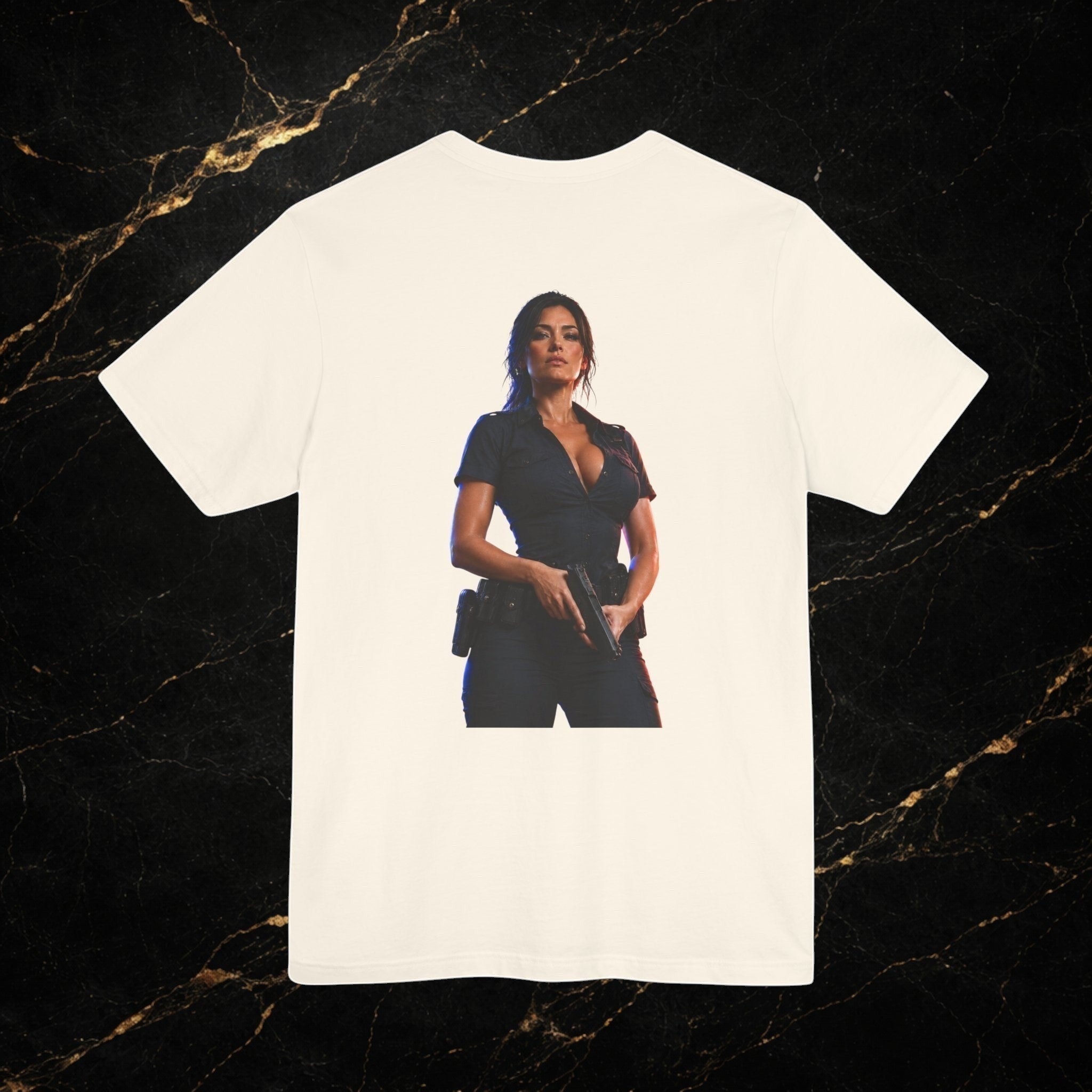 Steal & Silk cream cotton t-shirt with a graphic of a woman in a police uniform holding a gun.