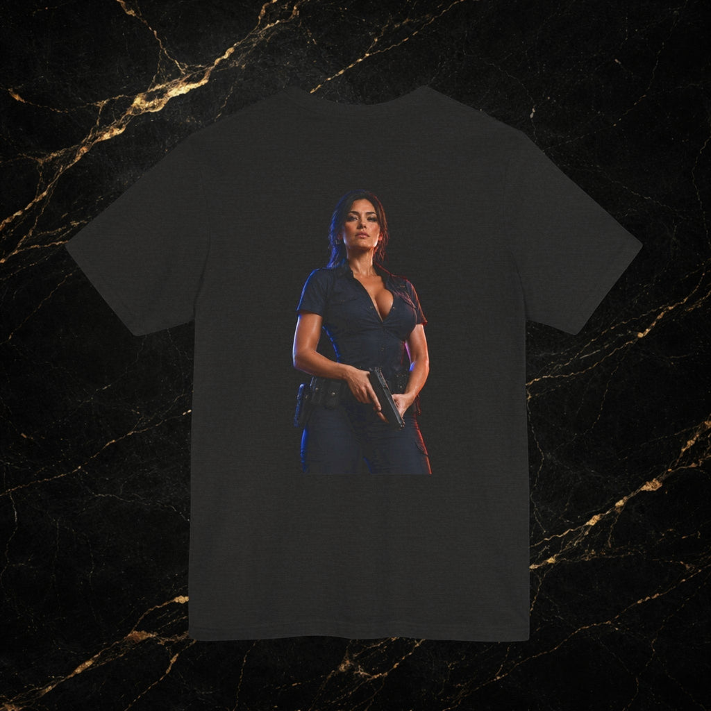 Steal & Silk black cotton t-shirt with a graphic of a woman in a police uniform holding a gun.