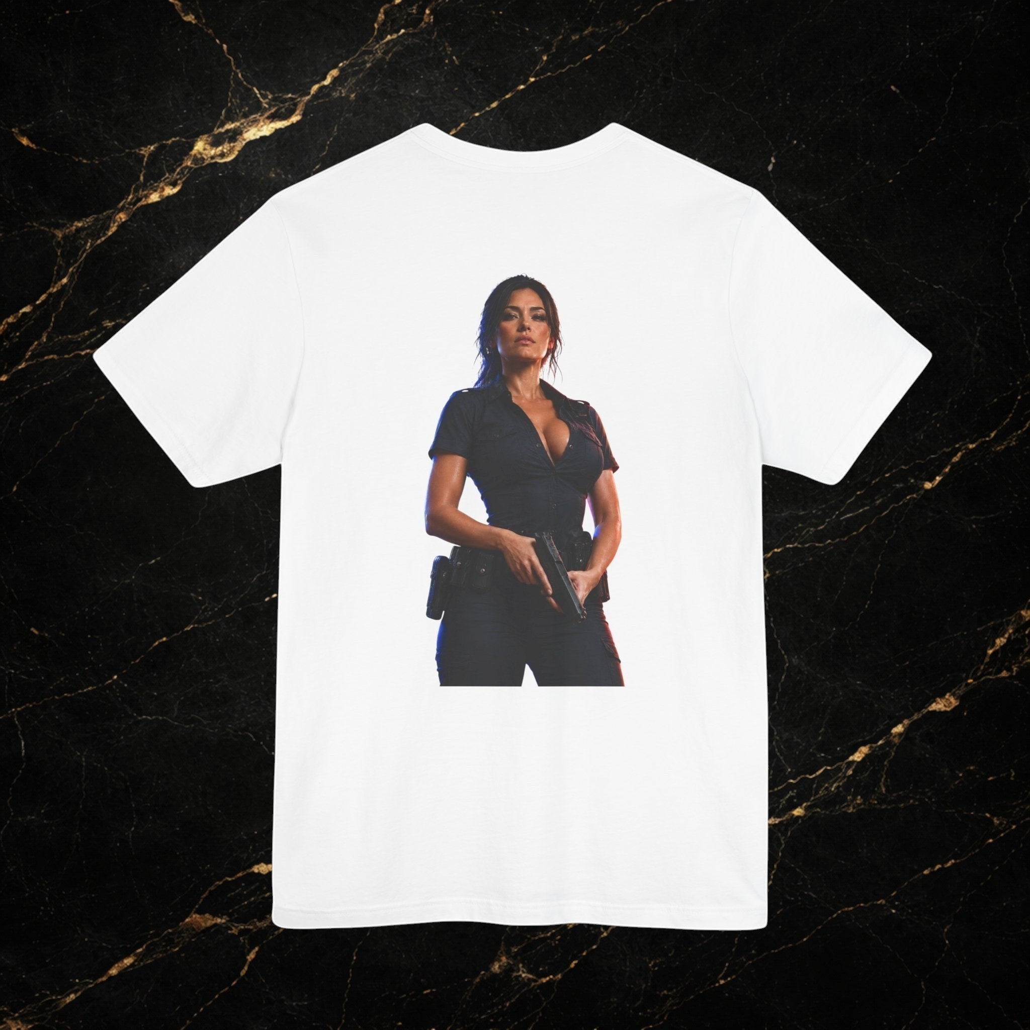 Steal & Silk white cotton t-shirt with a graphic of a woman in a police uniform holding a gun.