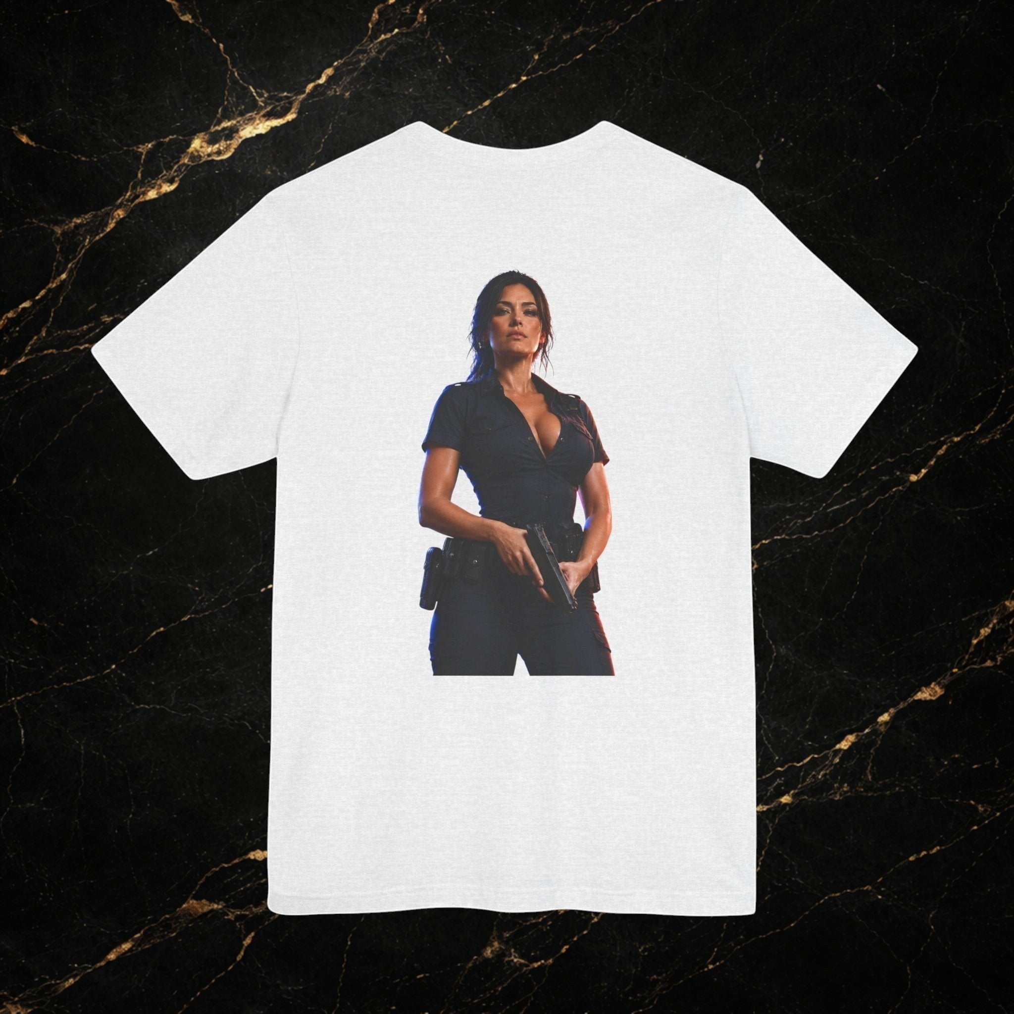Steal & Silk white cotton t-shirt with a graphic of a woman in a police uniform holding a gun. Features a vintage badge design.