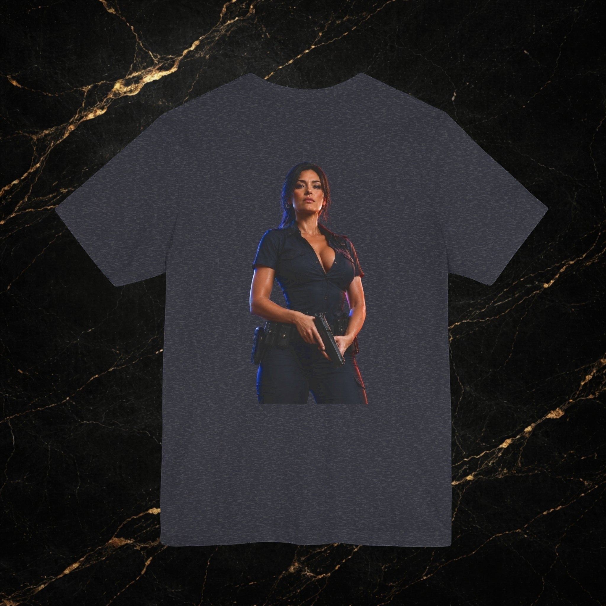 Steal & Silk dark heather graphic tee with a vintage police officer print on the back.