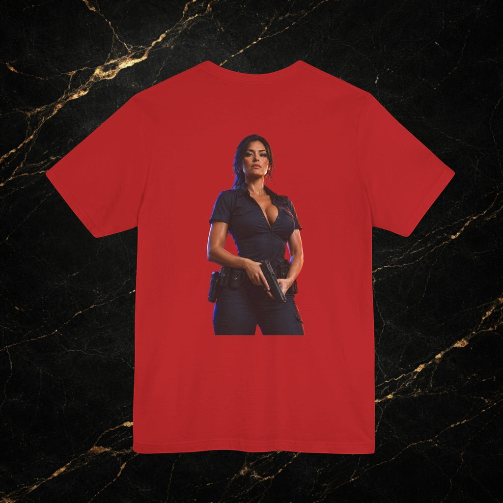 Steal & Silk red cotton t-shirt with a graphic of a woman in a police uniform holding a gun.