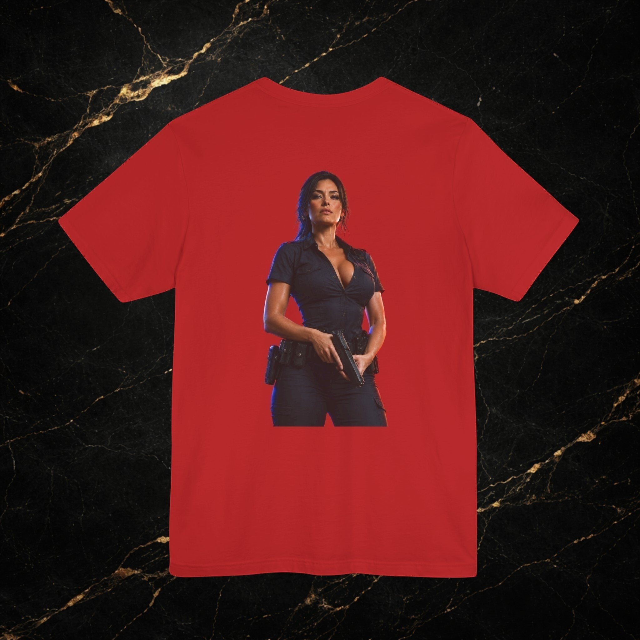 Steal & Silk red cotton t-shirt with a graphic of a woman in a police uniform holding a gun.