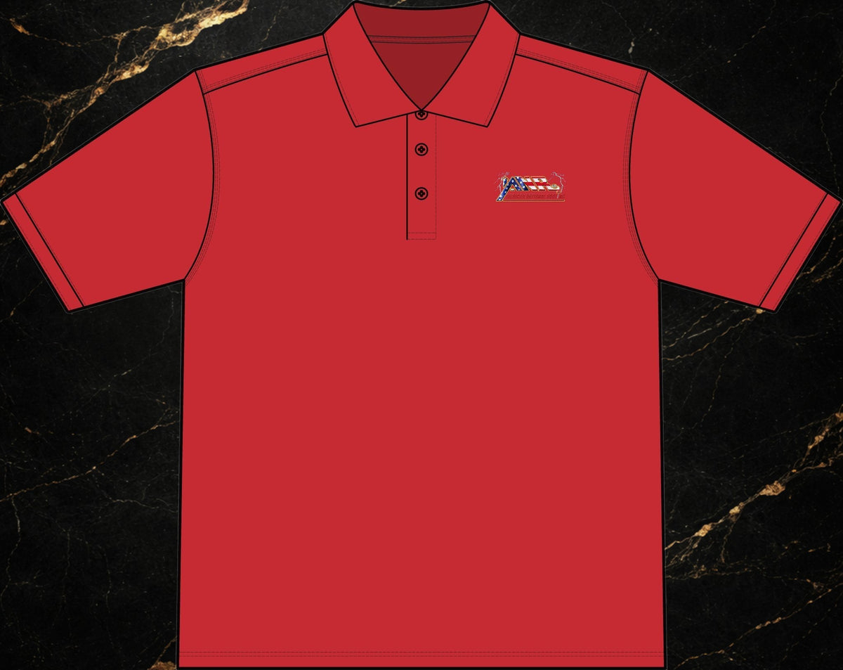 Steal & Silk red moisture-wicking work polo with embroidered American flag chest logo and anti-curl collar