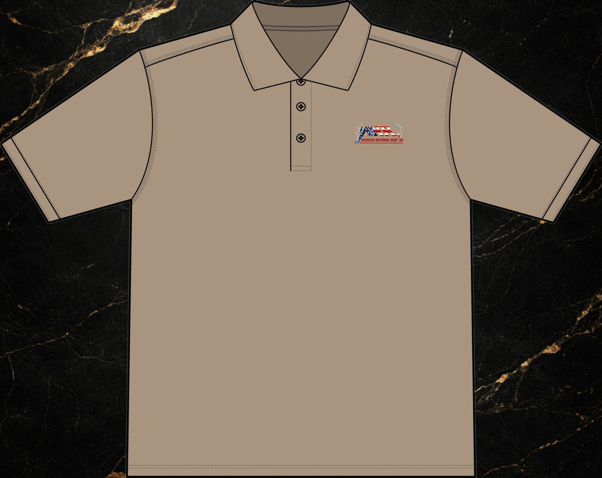 Steal & Silk tan moisture-wicking work polo with embroidered American flag chest logo and anti-curl collar