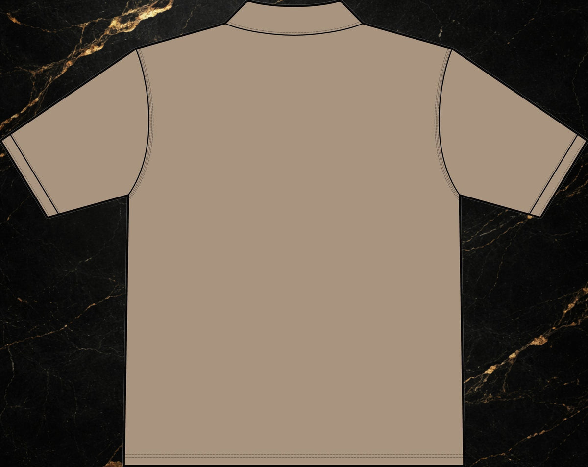 Back view of a Steal & Silk tan moisture-wicking workwear polo shirt with reinforced stitching and a drop-tail hem.