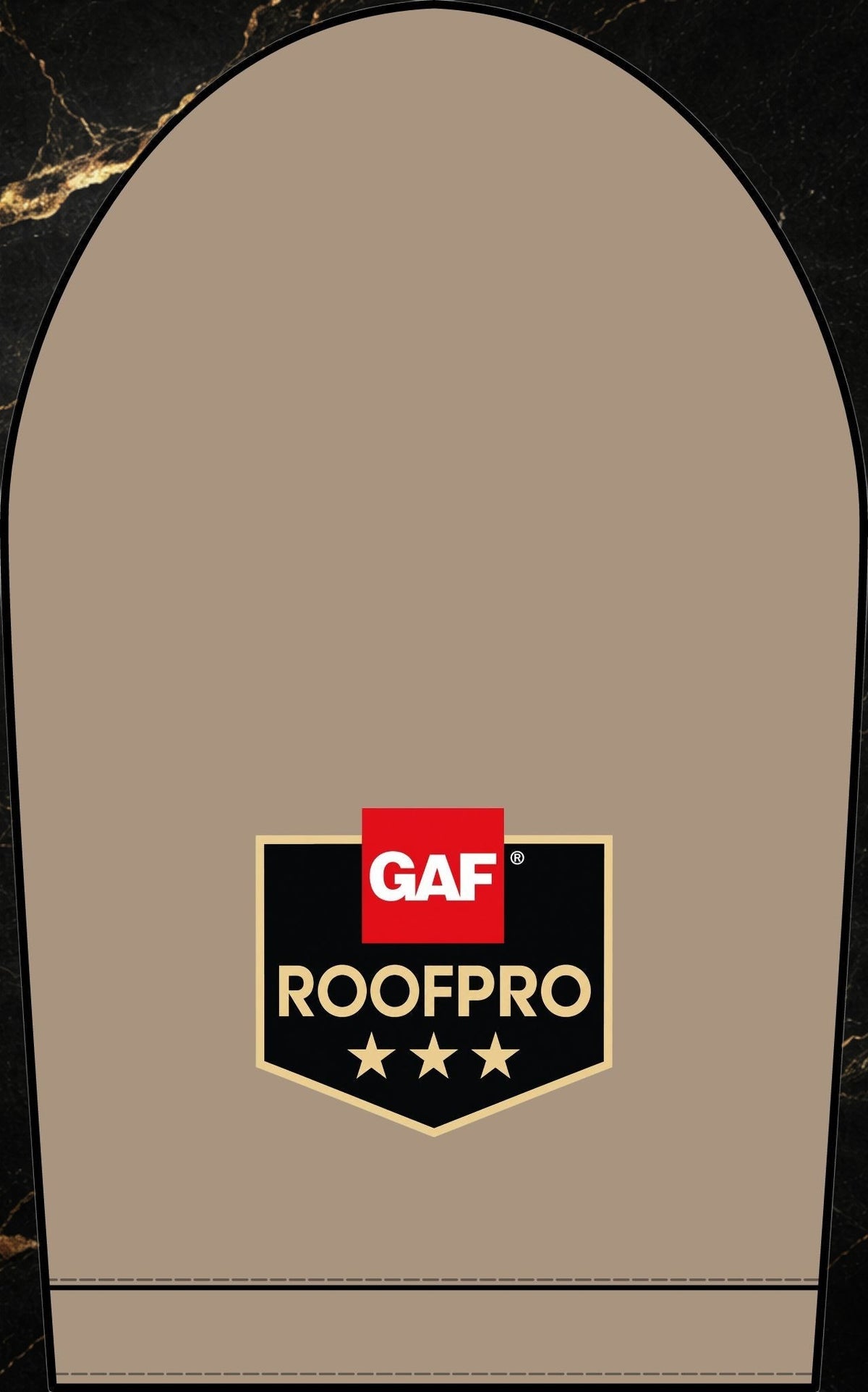 Steal & Silk tan workwear polo shirt featuring a GAF ROOFPRO embroidered chest logo on a black marble background