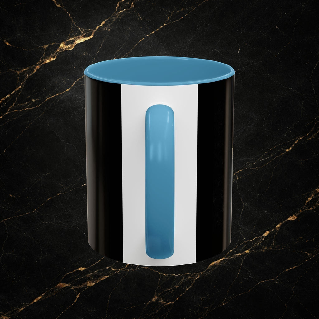 Steel & Silk black ceramic mug with white stripe and blue handle, featuring Lion of Judah design.