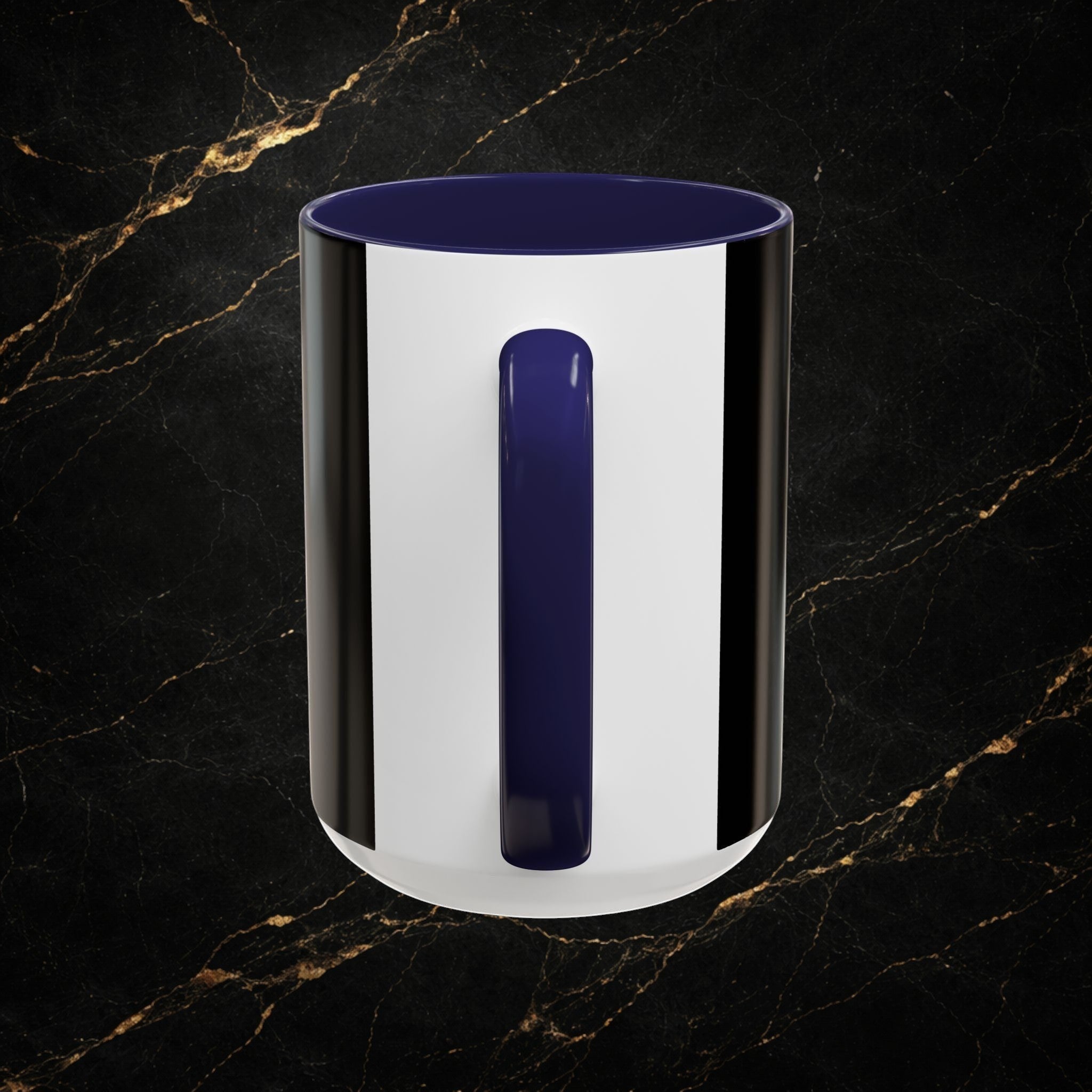 Steel & Silk white ceramic mug with navy blue interior and handle, featuring black vertical stripes.