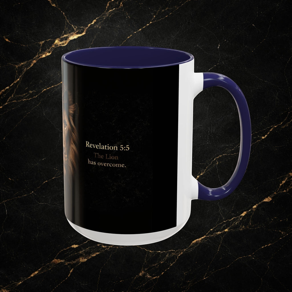 Steel & Silk white ceramic mug with navy blue handle and interior, featuring a Lion of Judah graphic and Revelation 5:5 text.
