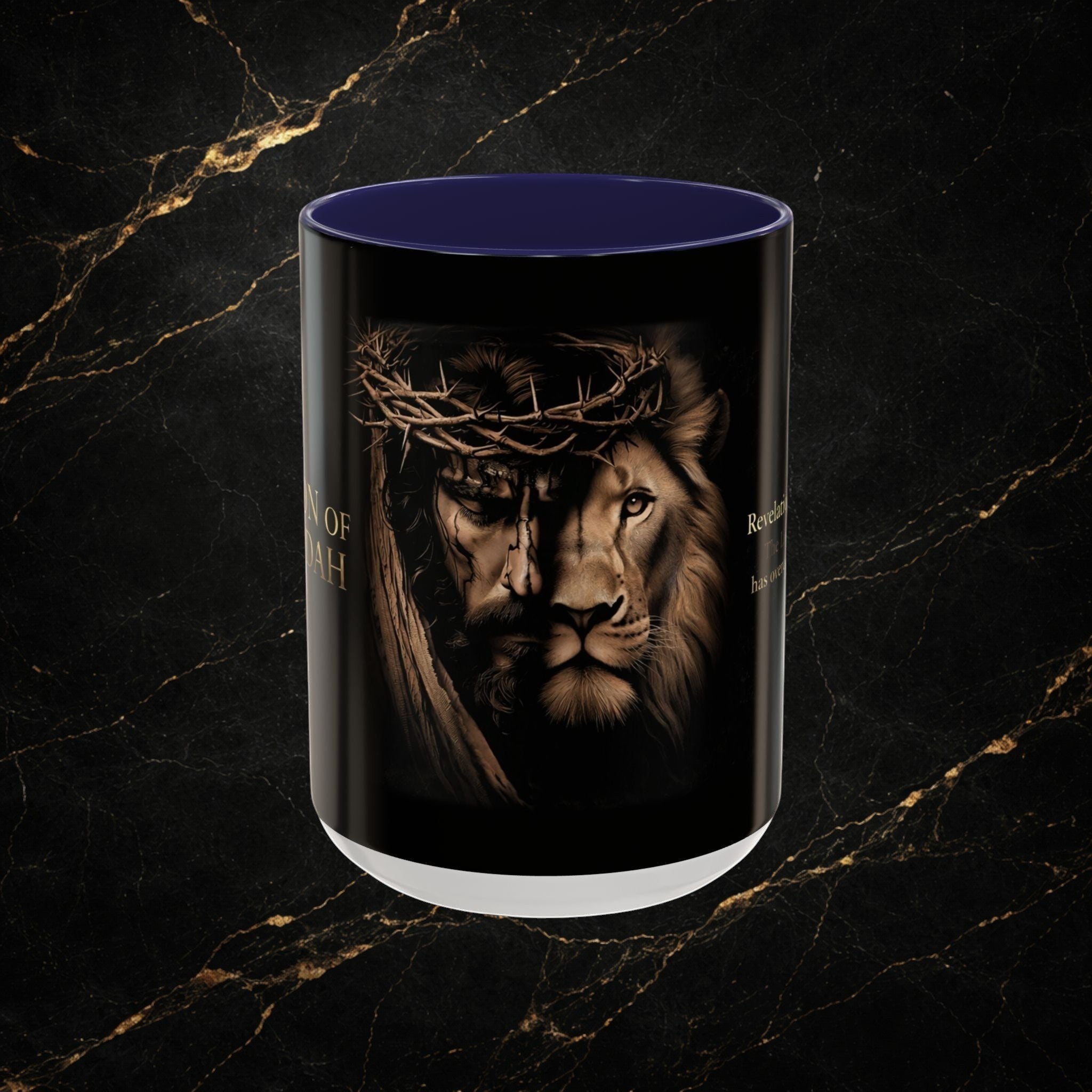 Steel & Silk Lion of Judah ceramic mug with Jesus' face and crown of thorns merged with a lion's face.