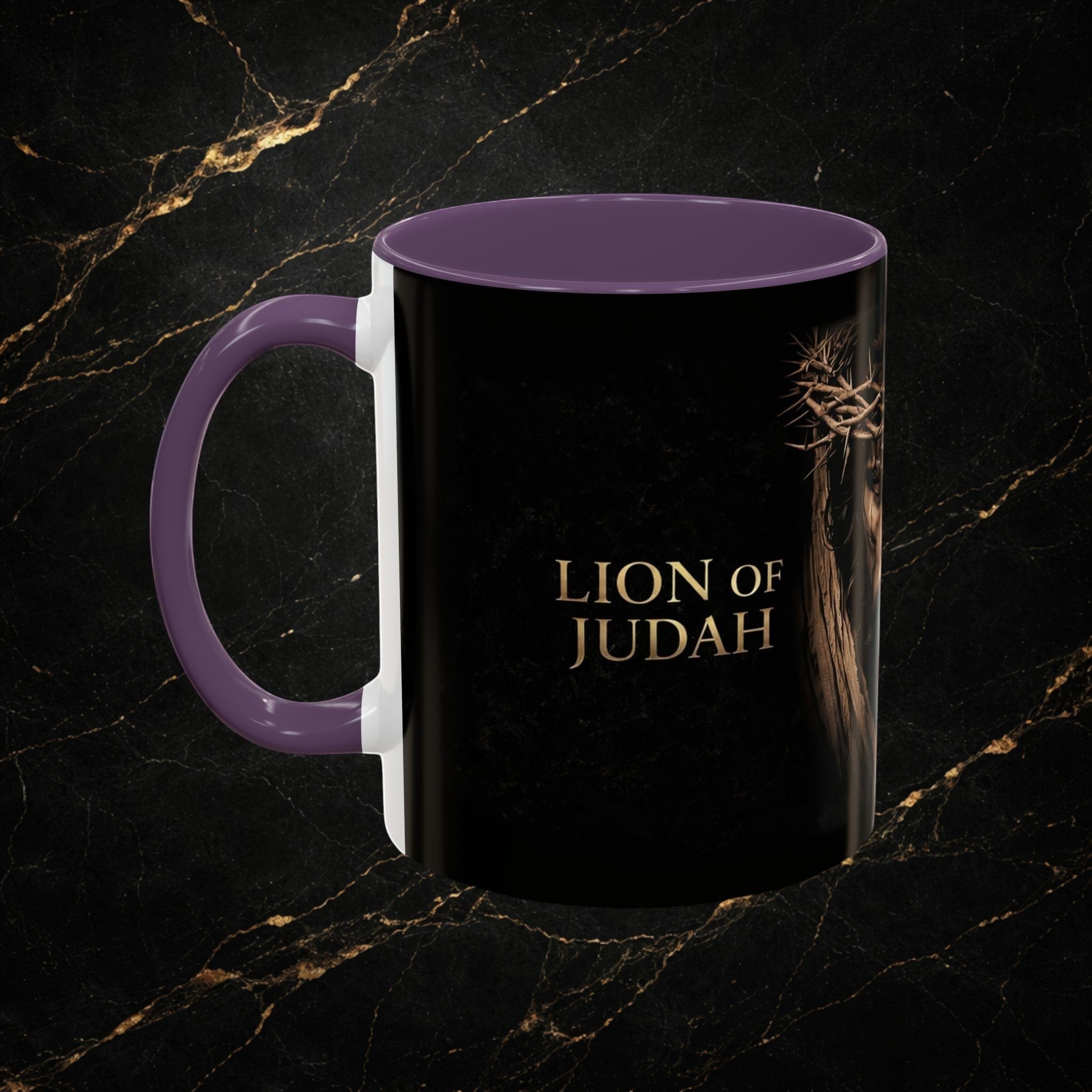 Steel & Silk black ceramic mug with purple handle and interior, featuring "Lion of Judah" text and a crown of thorns graphic.