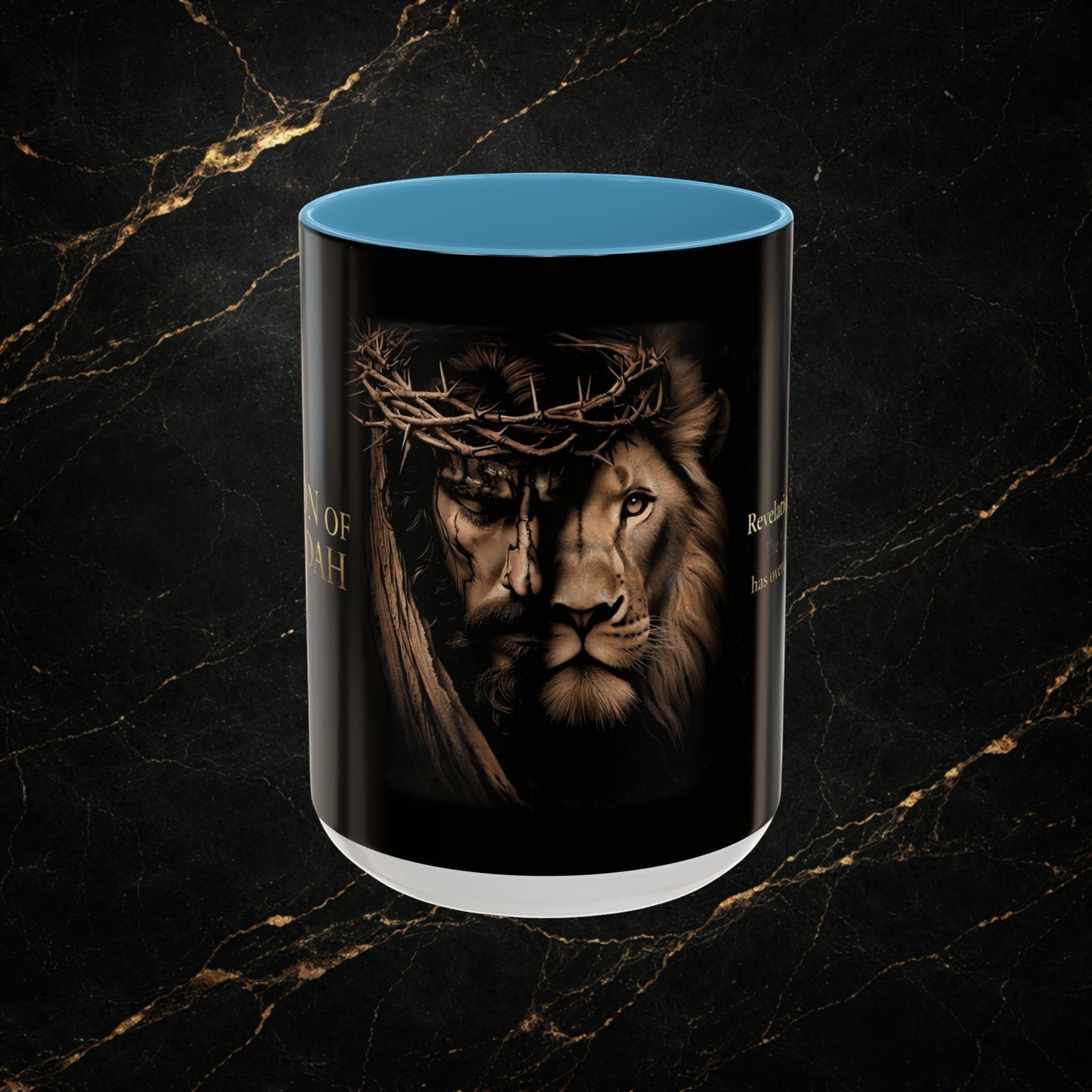 Steel & Silk Lion of Judah ceramic mug with Jesus' face and lion's face combined, wearing a crown of thorns.