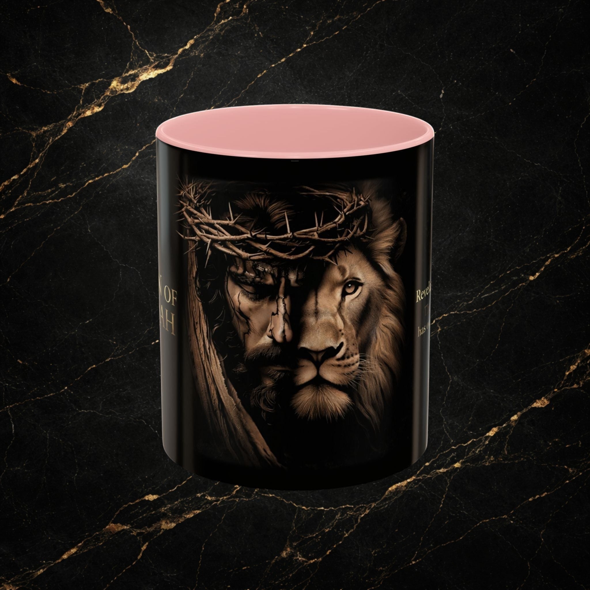 Steel & Silk Lion of Judah ceramic mug with Jesus and lion imagery, pink interior.