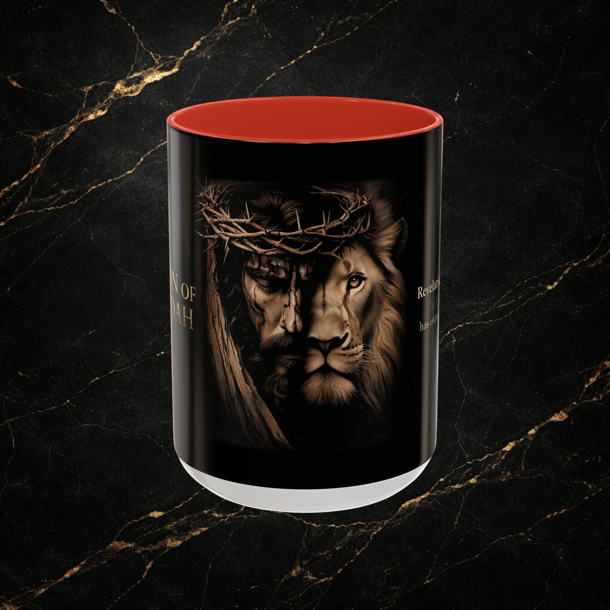 Steel & Silk Lion of Judah ceramic mug with Jesus' face and lion's face merged, wearing a crown of thorns. Red interior.
