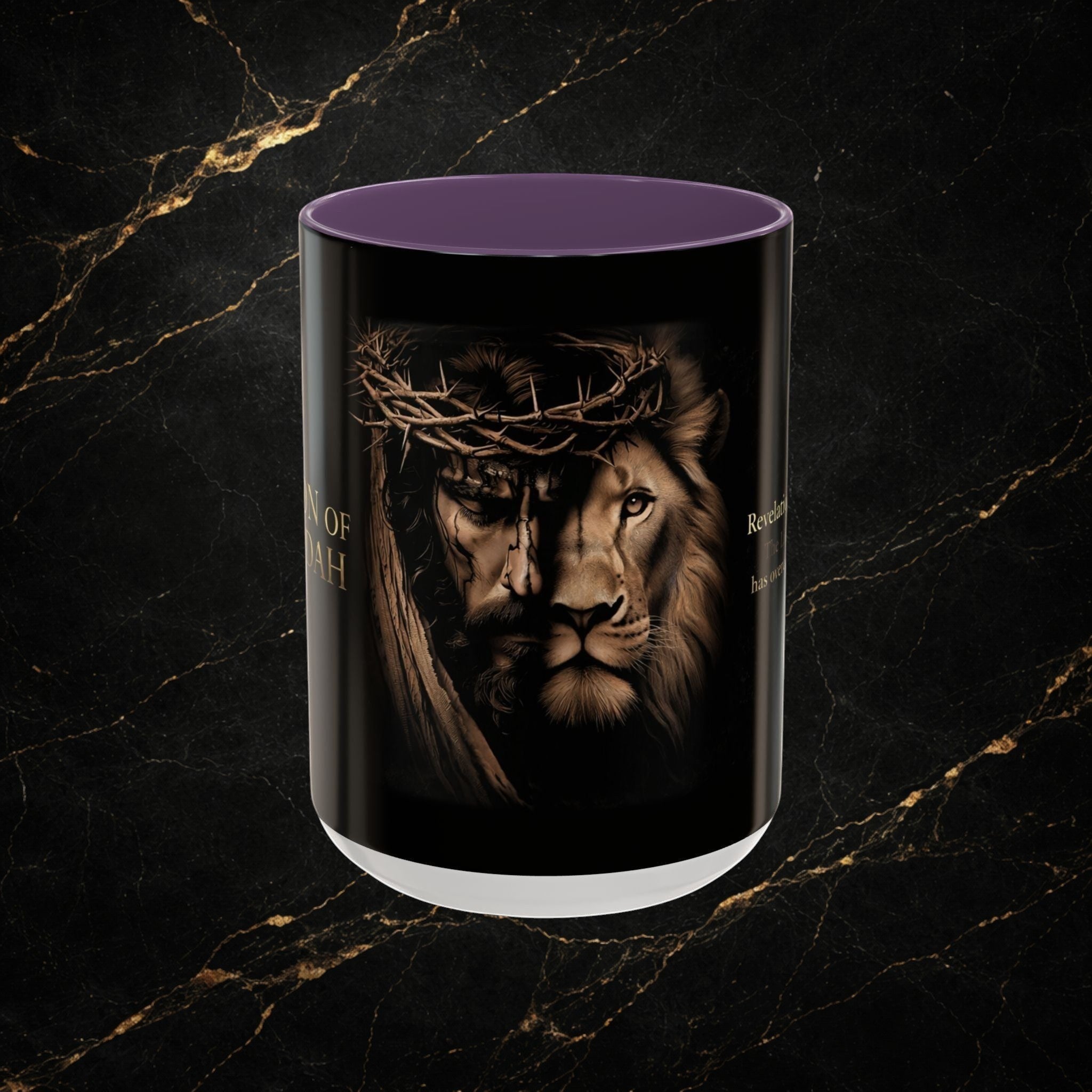 Steel & Silk Lion of Judah Overcomer ceramic mug with Jesus' face and lion's face, purple interior.