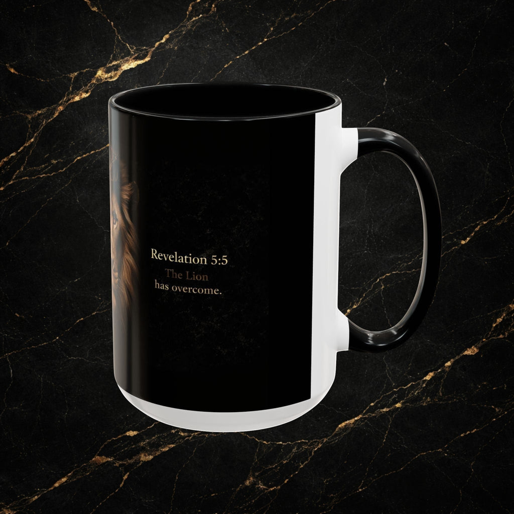 Steel & Silk black ceramic mug with Lion of Judah graphic and "Revelation 5:5 The Lion has overcome." text.