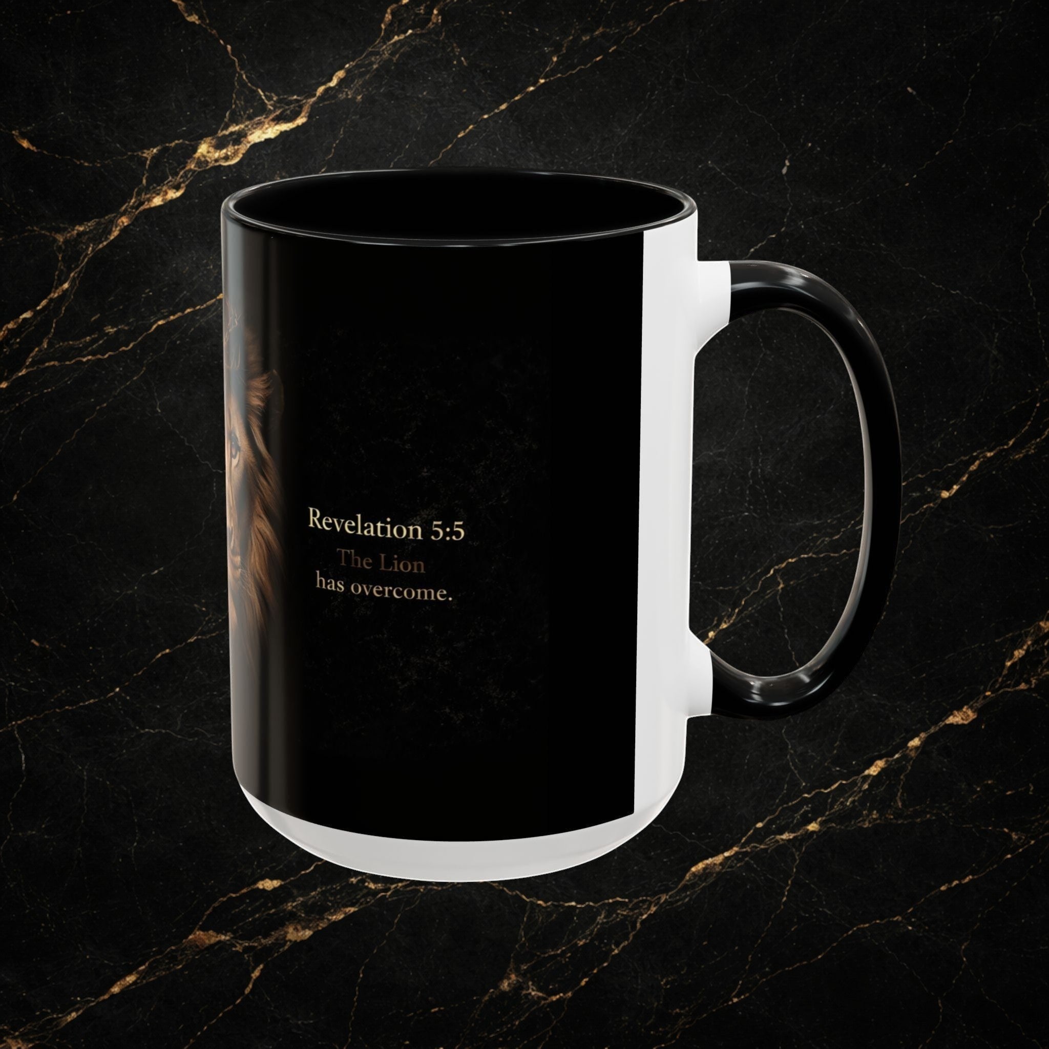 Steel & Silk black ceramic mug with Lion of Judah graphic and "Revelation 5:5 The Lion has overcome." text.