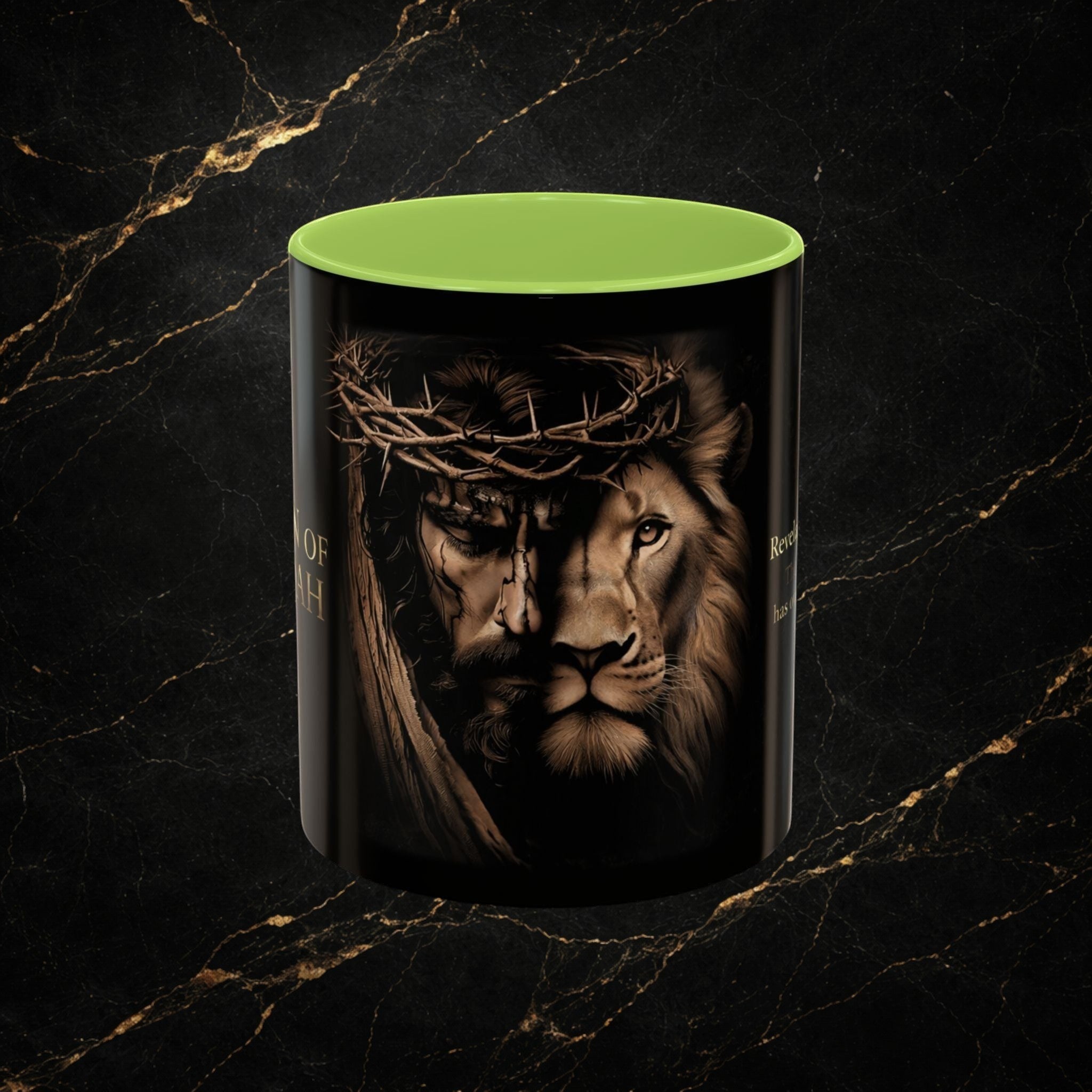 Steel & Silk Lion of Judah Overcomer ceramic mug with Jesus and lion graphic. Green interior.