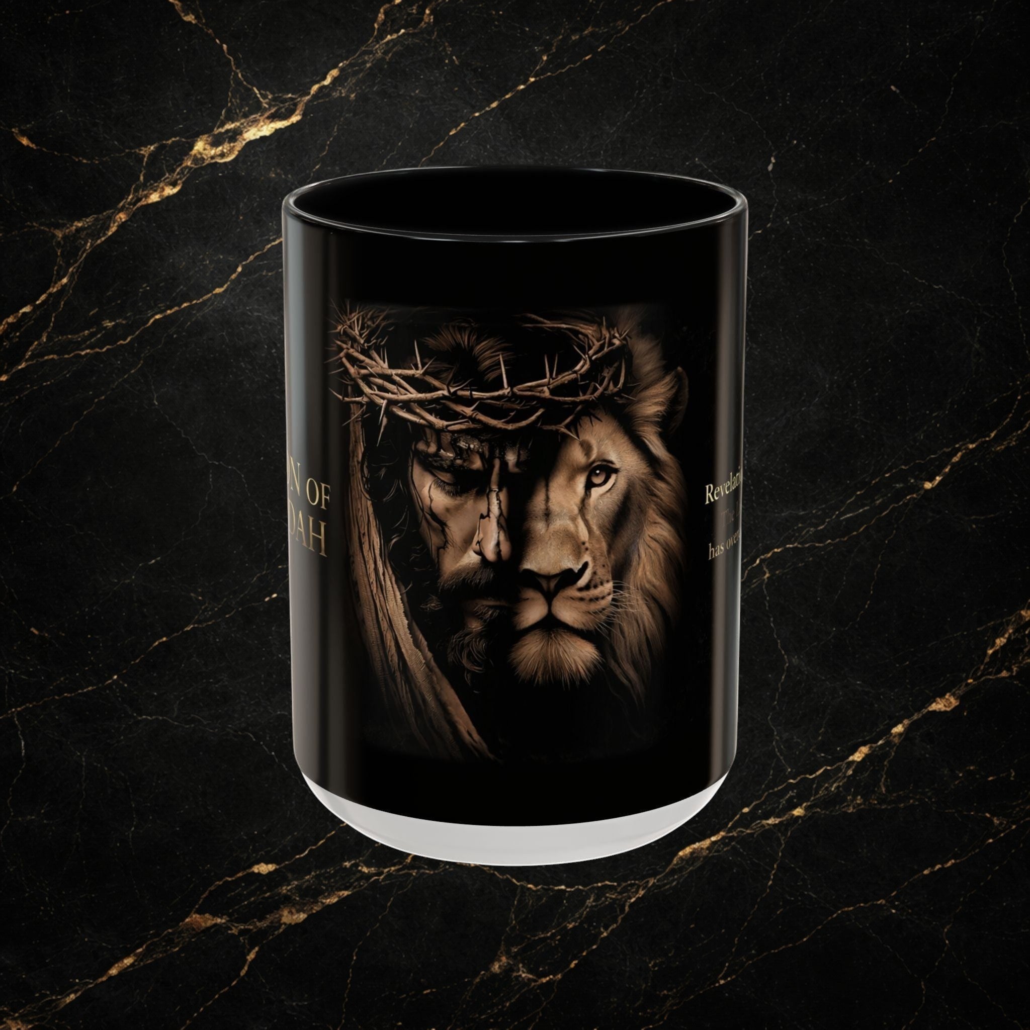 Steel & Silk Lion of Judah Overcomer ceramic mug with Jesus' face and lion's face merged, wearing a crown of thorns.