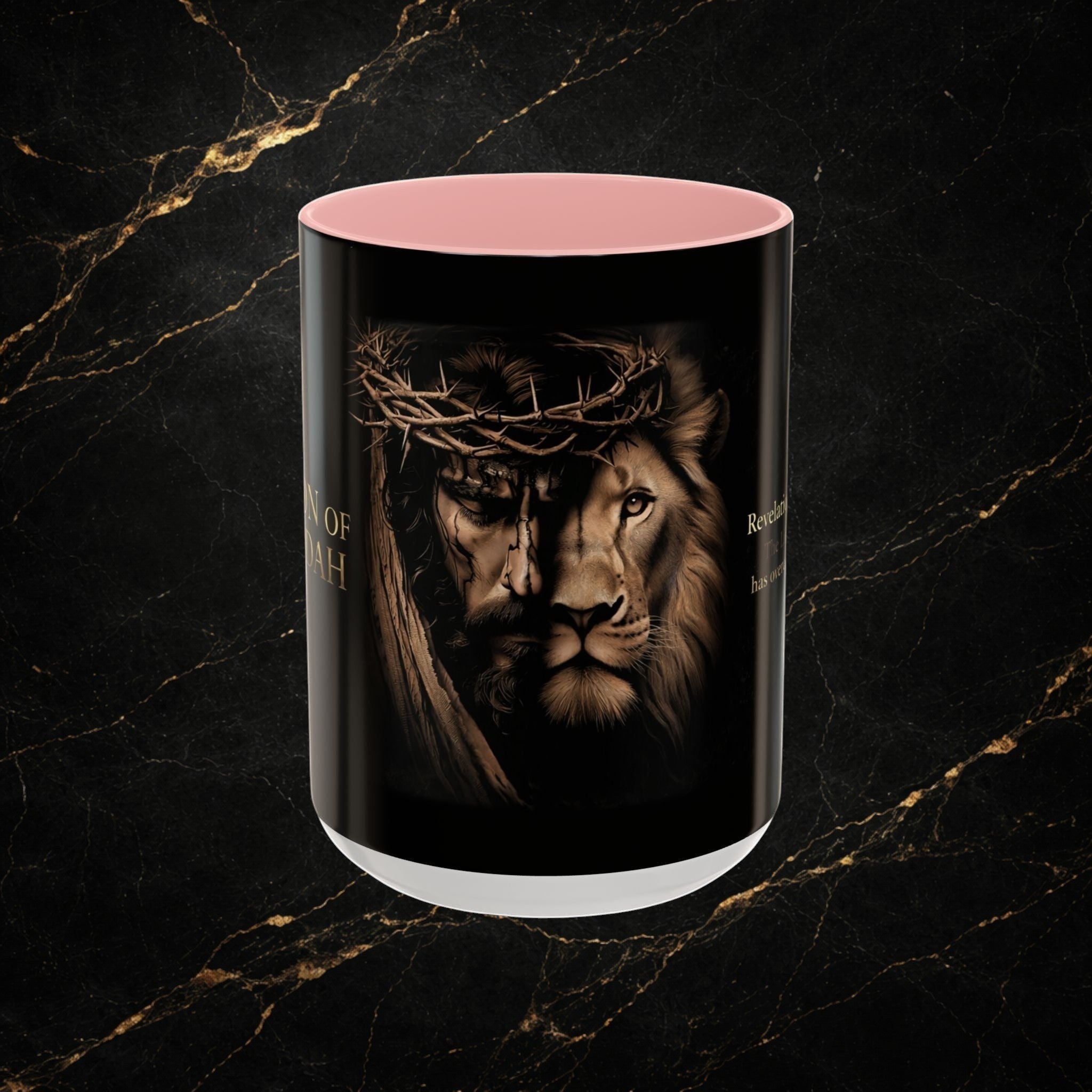 Steel & Silk Lion of Judah Overcomer ceramic mug with Jesus' face and lion's face split design.