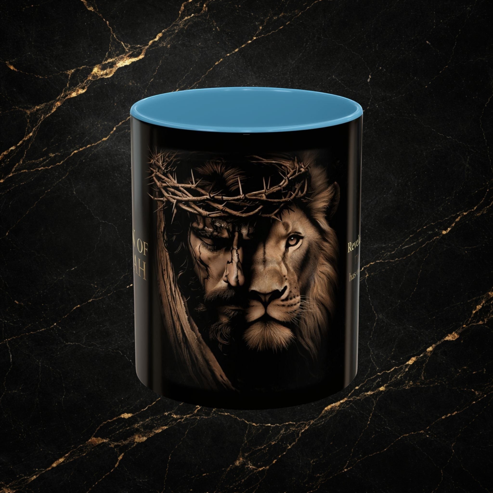 Steel & Silk Lion of Judah Overcomer ceramic mug with Jesus' face and lion's face, blue interior.