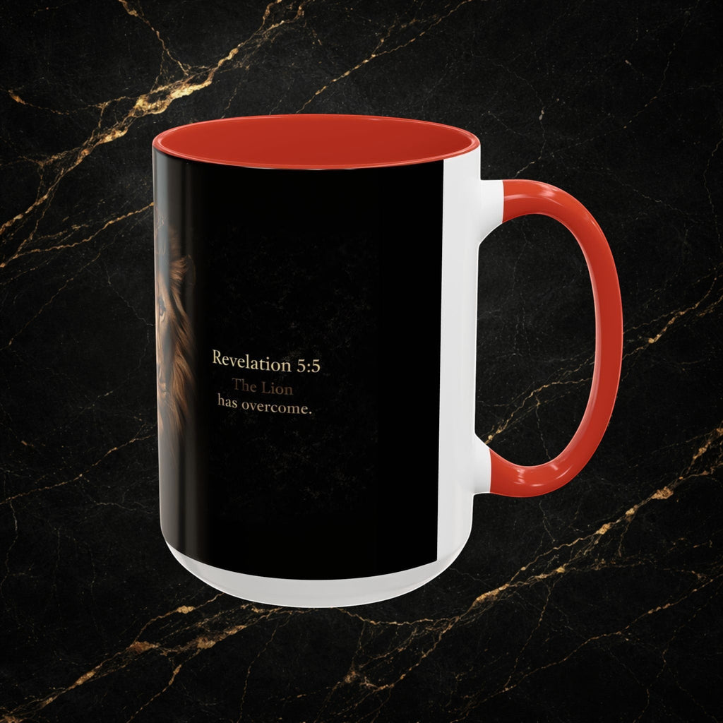 Steel & Silk white ceramic mug with red handle and interior, featuring a black design with a lion's face and "Revelation 5:5 The Lion has overcome."