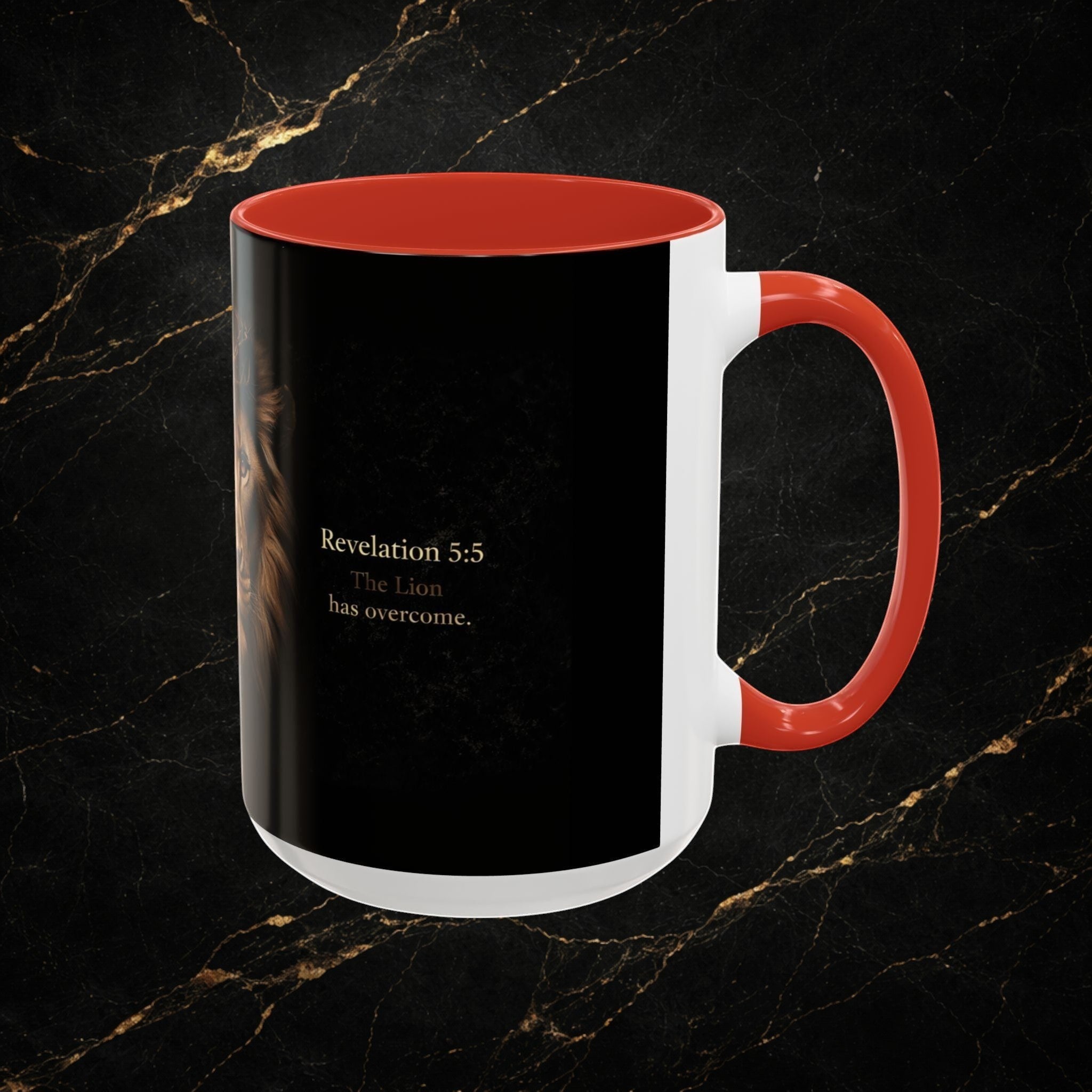 Steel & Silk white ceramic mug with red handle and interior, featuring a black design with a lion's face and "Revelation 5:5 The Lion has overcome."