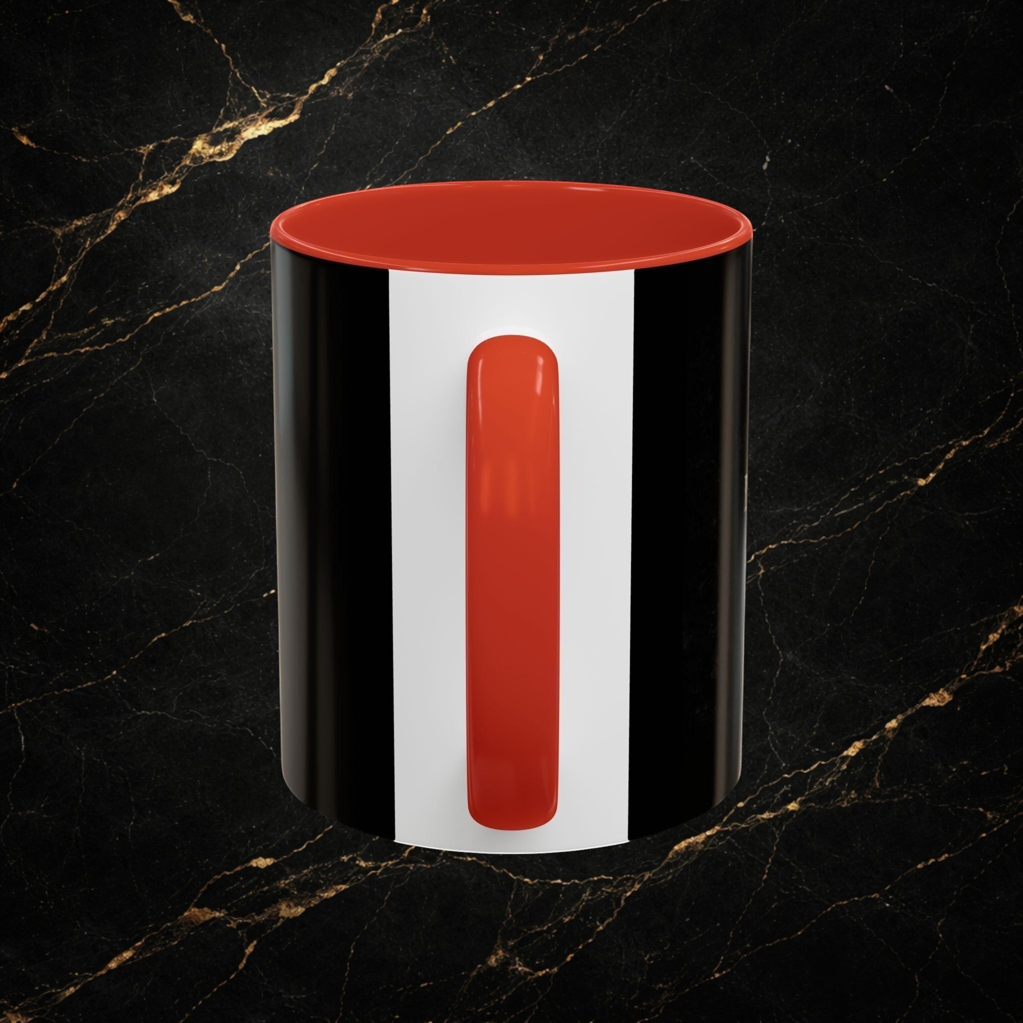 Steel & Silk Overcomer Mug with black, white, and red vertical stripes and a red handle. Ceramic.
