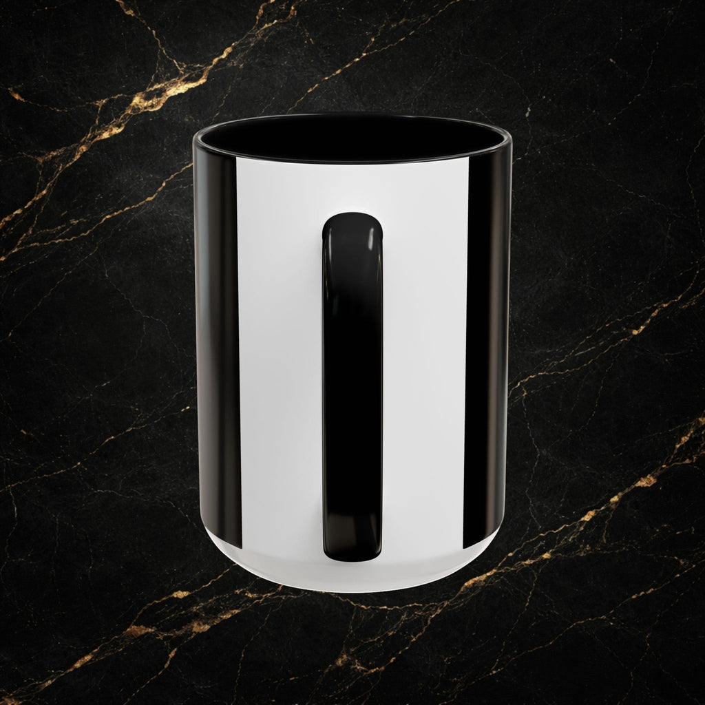 Steel & Silk Overcomer Mug with black and white vertical stripes and black handle. Ceramic.
