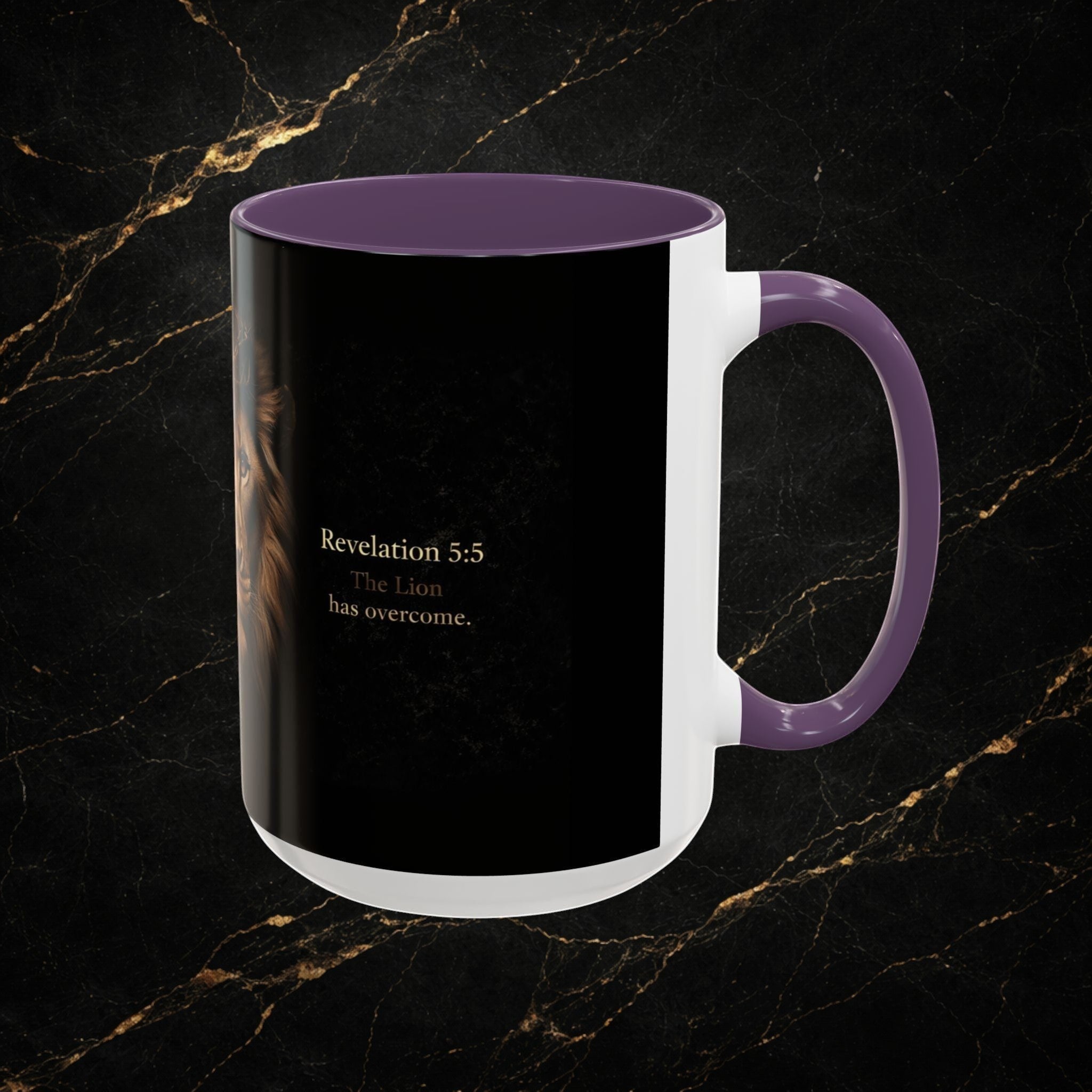 Steel & Silk white ceramic mug with purple handle and interior, featuring a Lion of Judah graphic and "Revelation 5:5 The Lion has overcome."