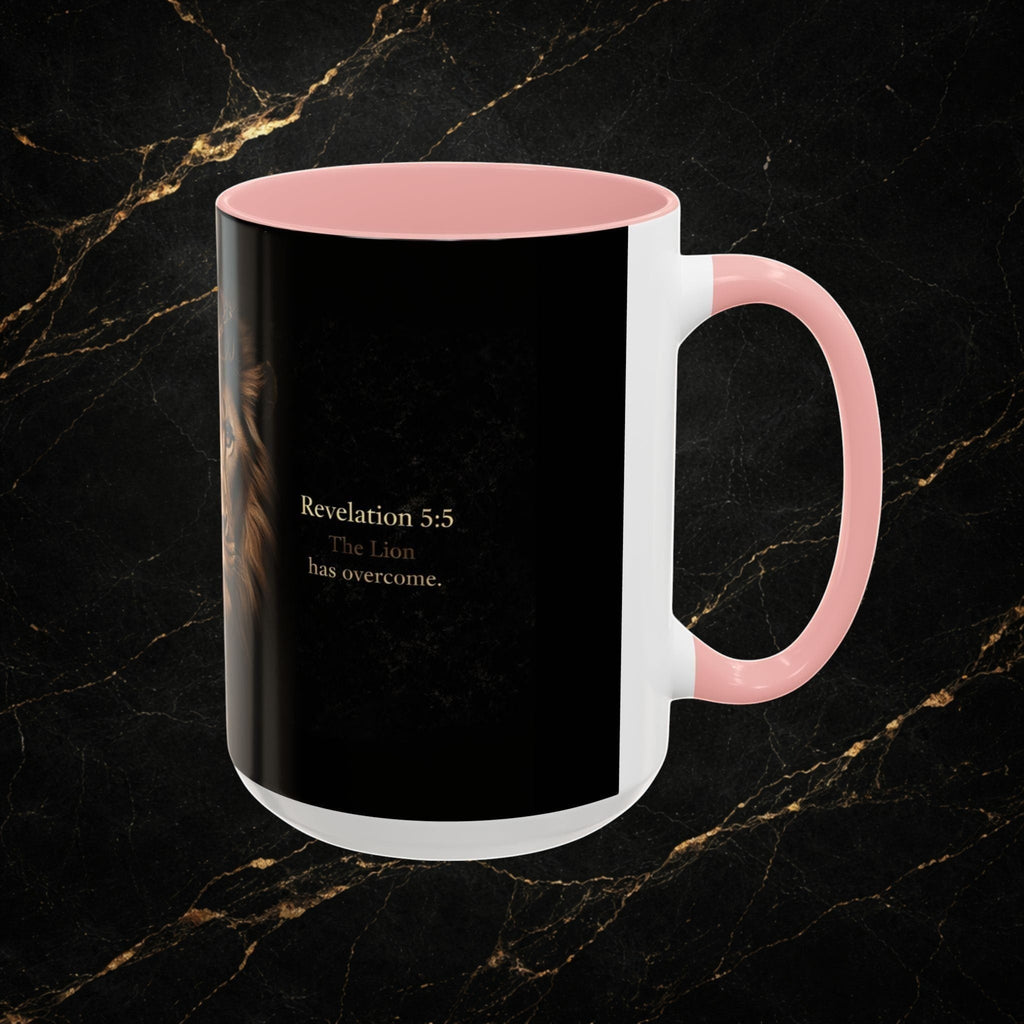 Steel & Silk white ceramic mug with pink handle and interior, featuring a black design of a lion's face and "Revelation 5:5 The Lion has overcome."