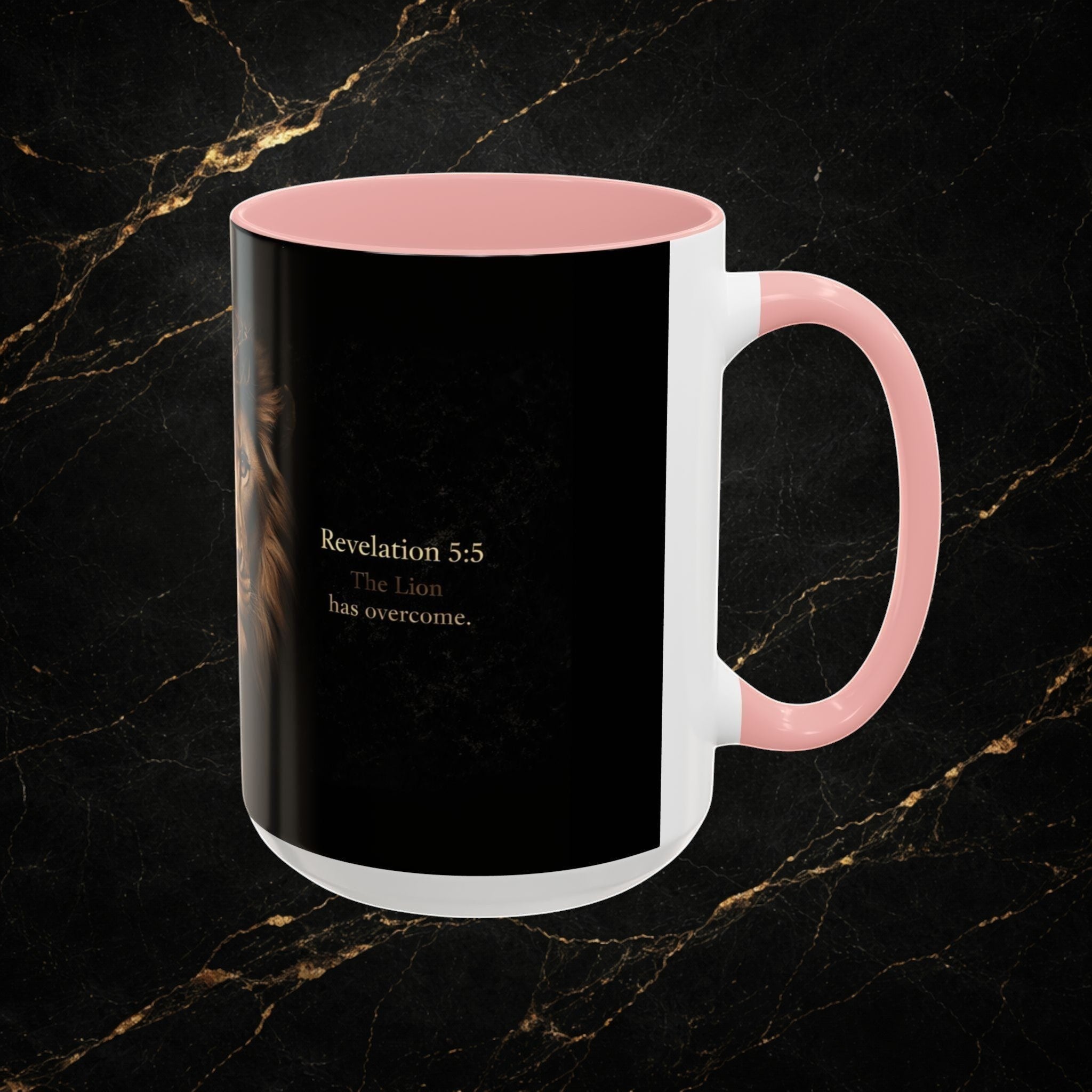 Steel & Silk white ceramic mug with pink handle and interior, featuring a black design of a lion's face and "Revelation 5:5 The Lion has overcome."
