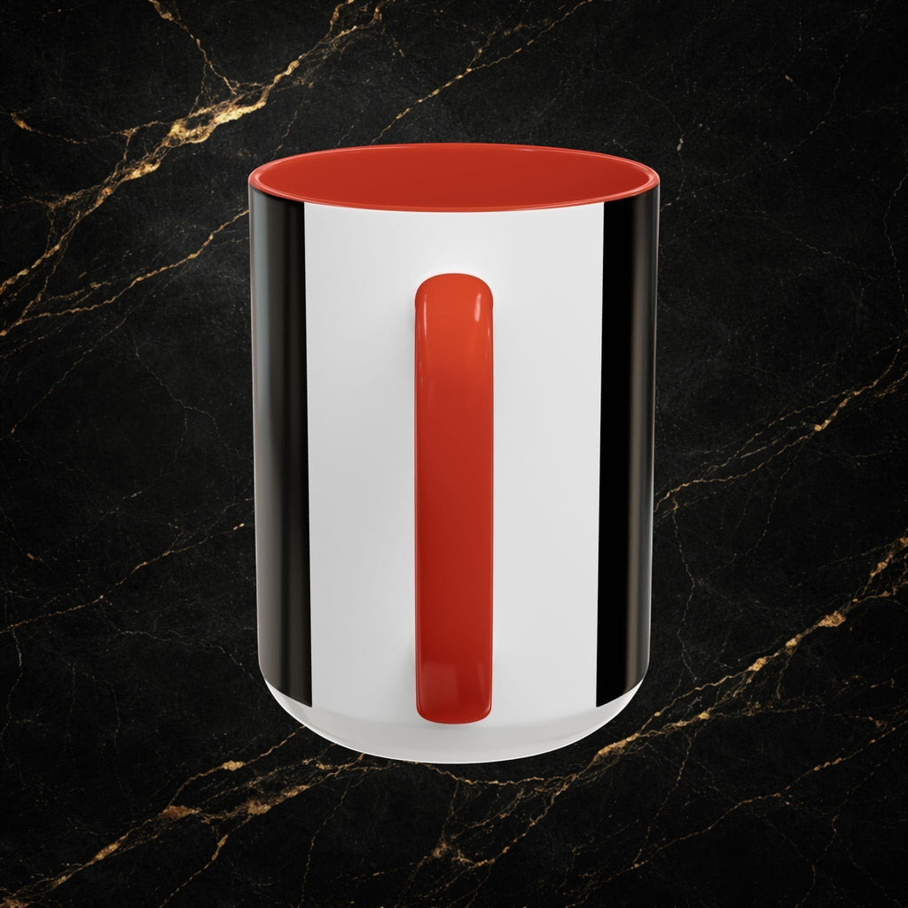 Steel & Silk Overcomer Mug with Lion of Judah design, white ceramic with black and red accents.