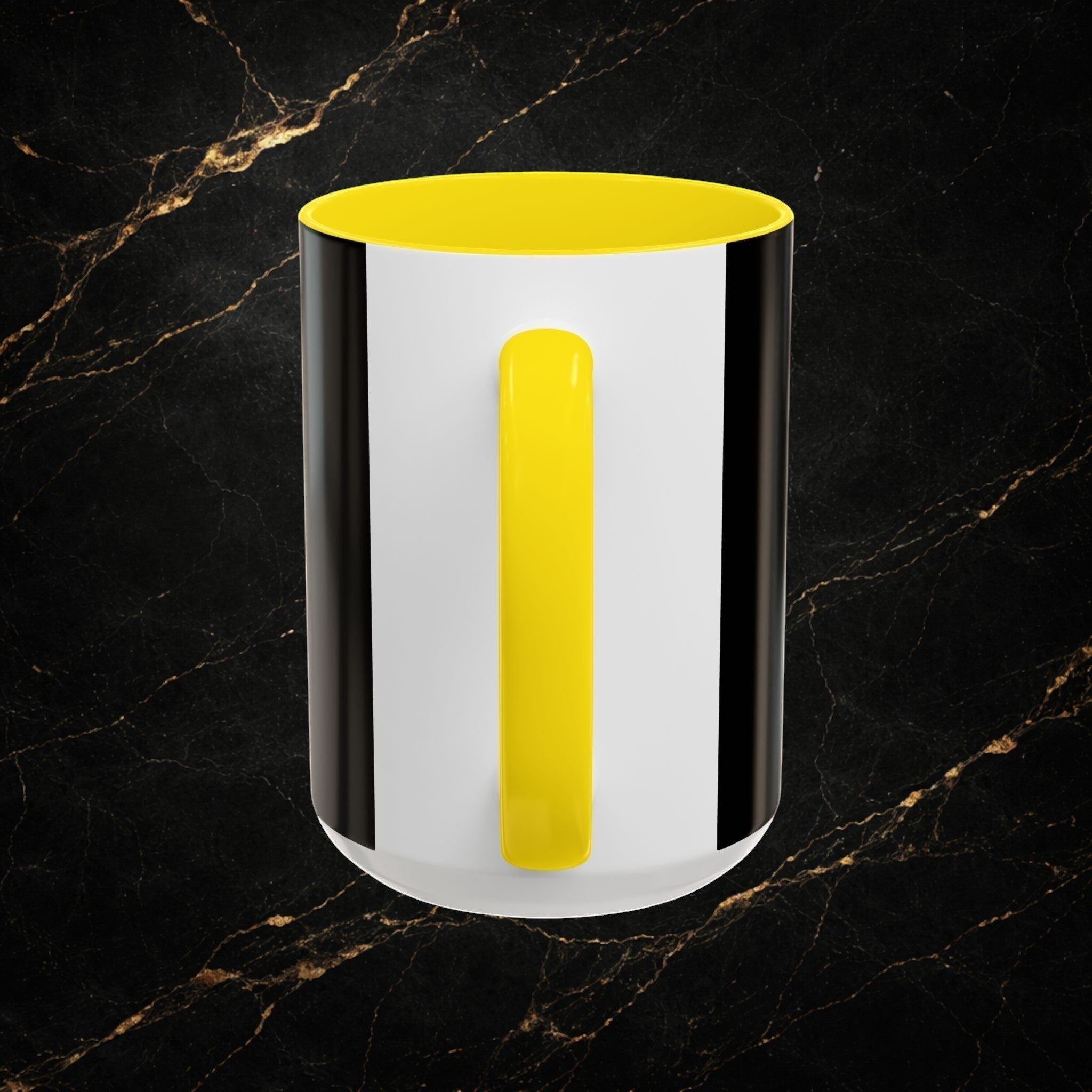 Steel & Silk white ceramic mug with yellow handle and interior, featuring black vertical stripes. The Overcomer Mug.
